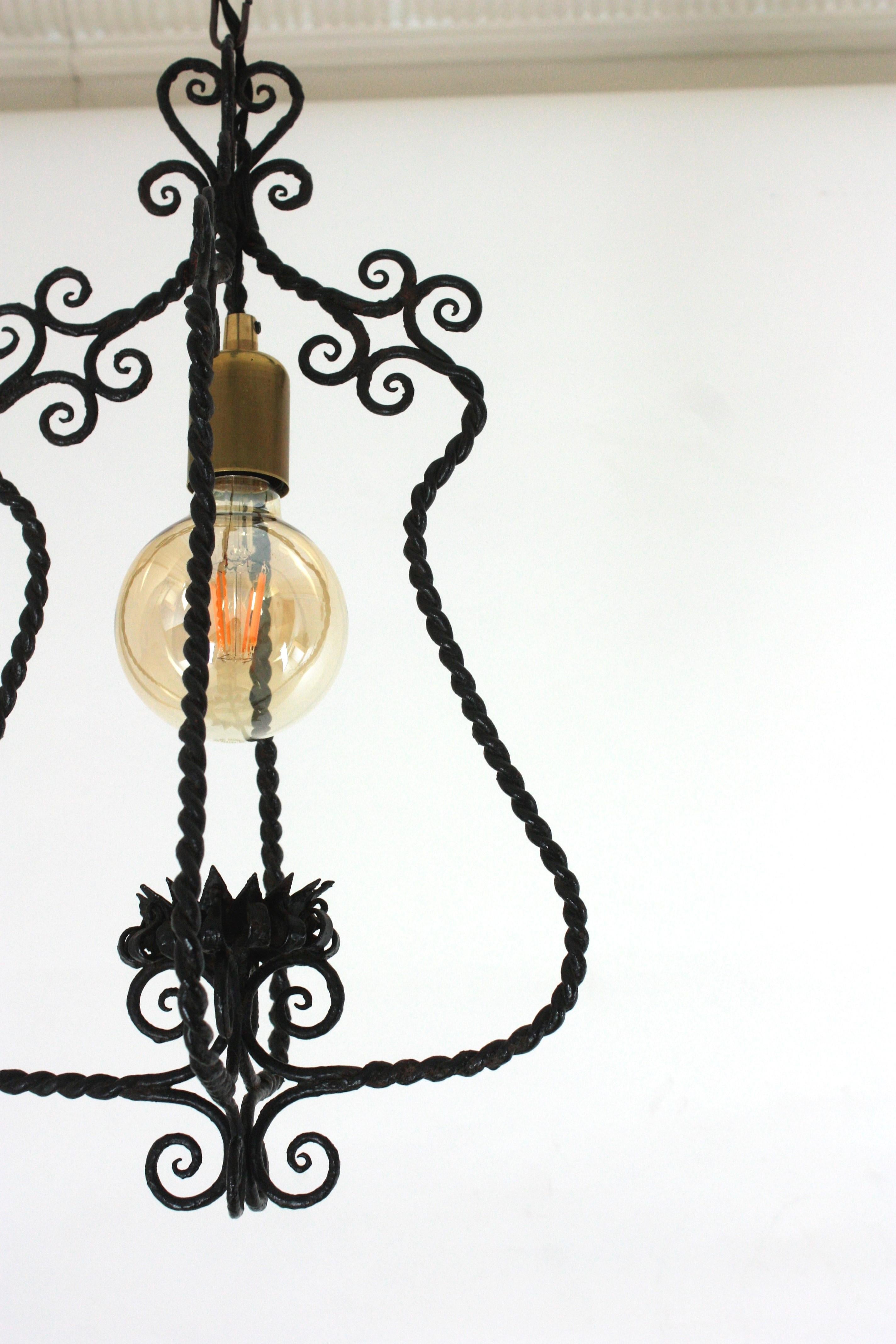 Spanish Lantern Pendant Lamp in Wrought Iron, Scroll Twisting Design, 1940s For Sale 5