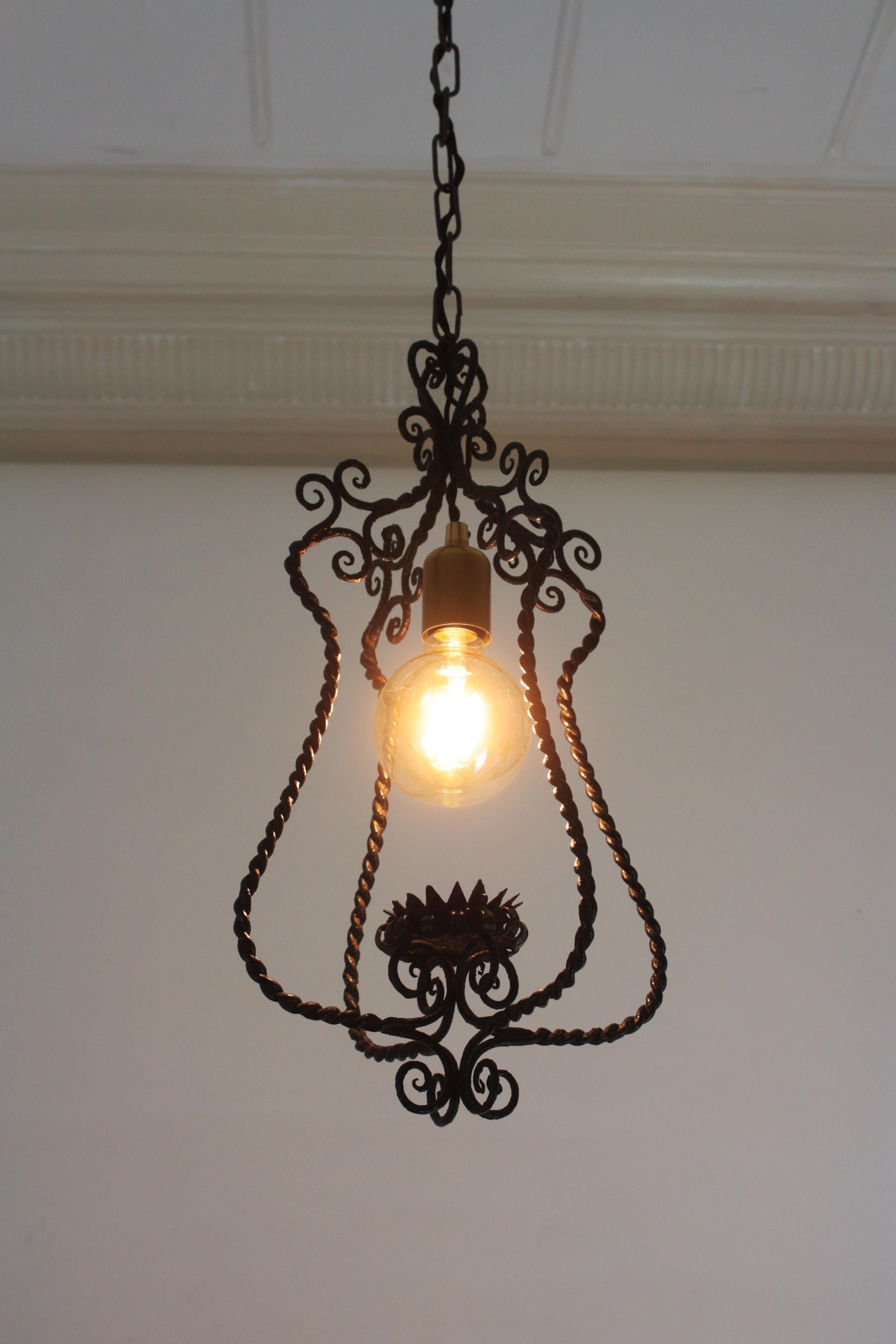 Spanish Lantern Pendant Lamp in Wrought Iron, Scroll Twisting Design, 1940s For Sale 6