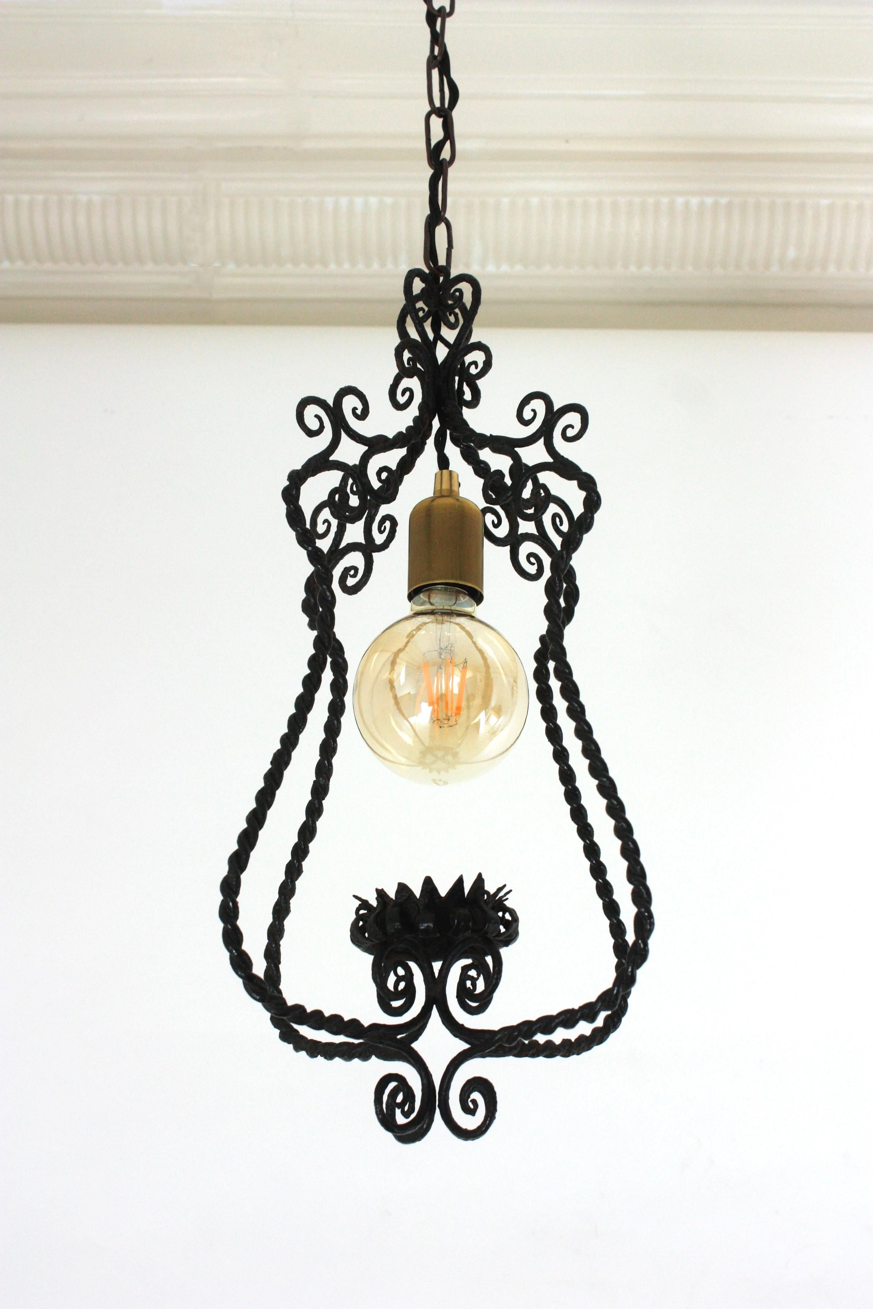 Spanish Lantern Pendant Lamp in Wrought Iron, Scroll Twisting Design, 1940s For Sale 7