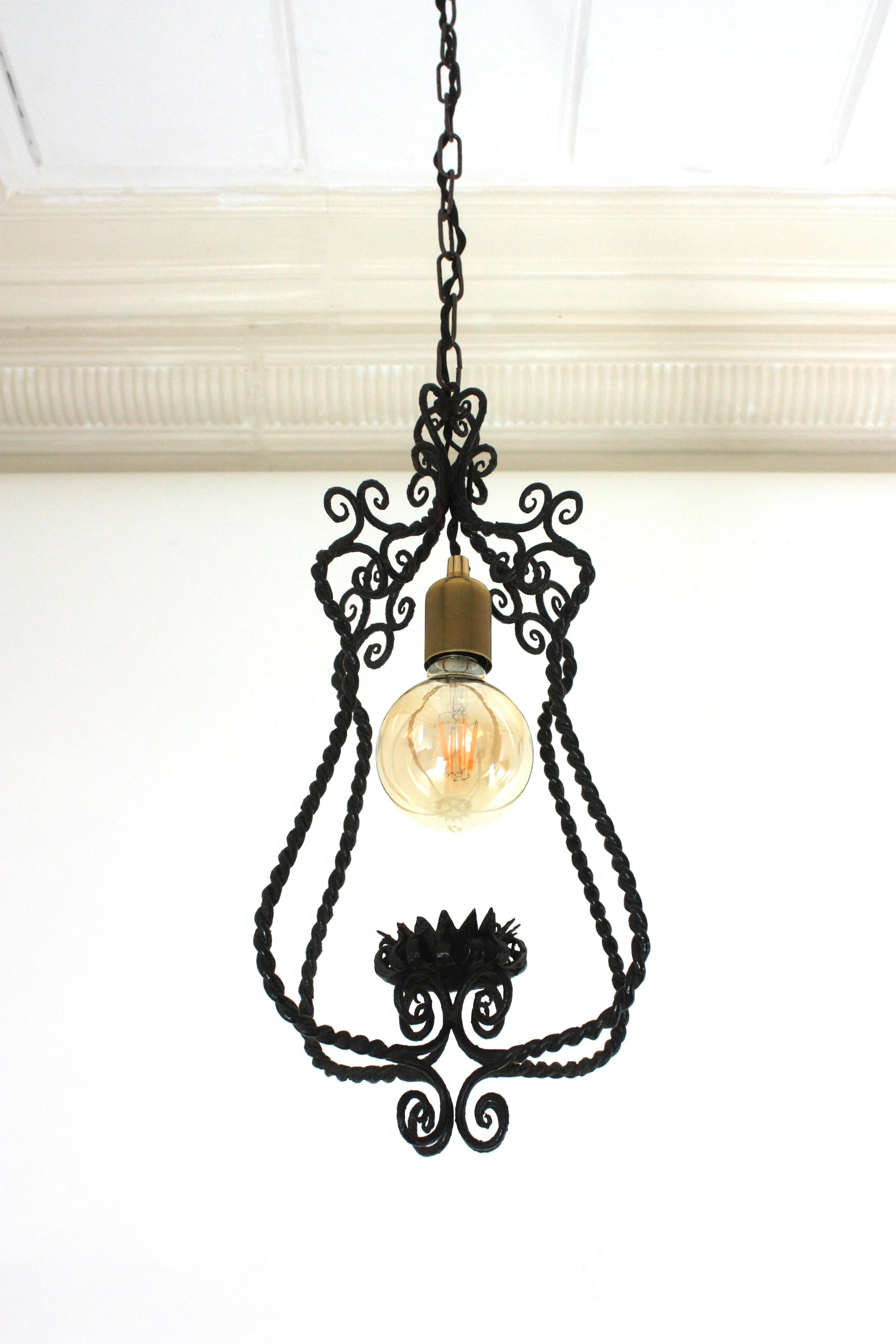 Spanish Lantern Pendant Lamp in Wrought Iron, Scroll Twisting Design, 1940s For Sale 8