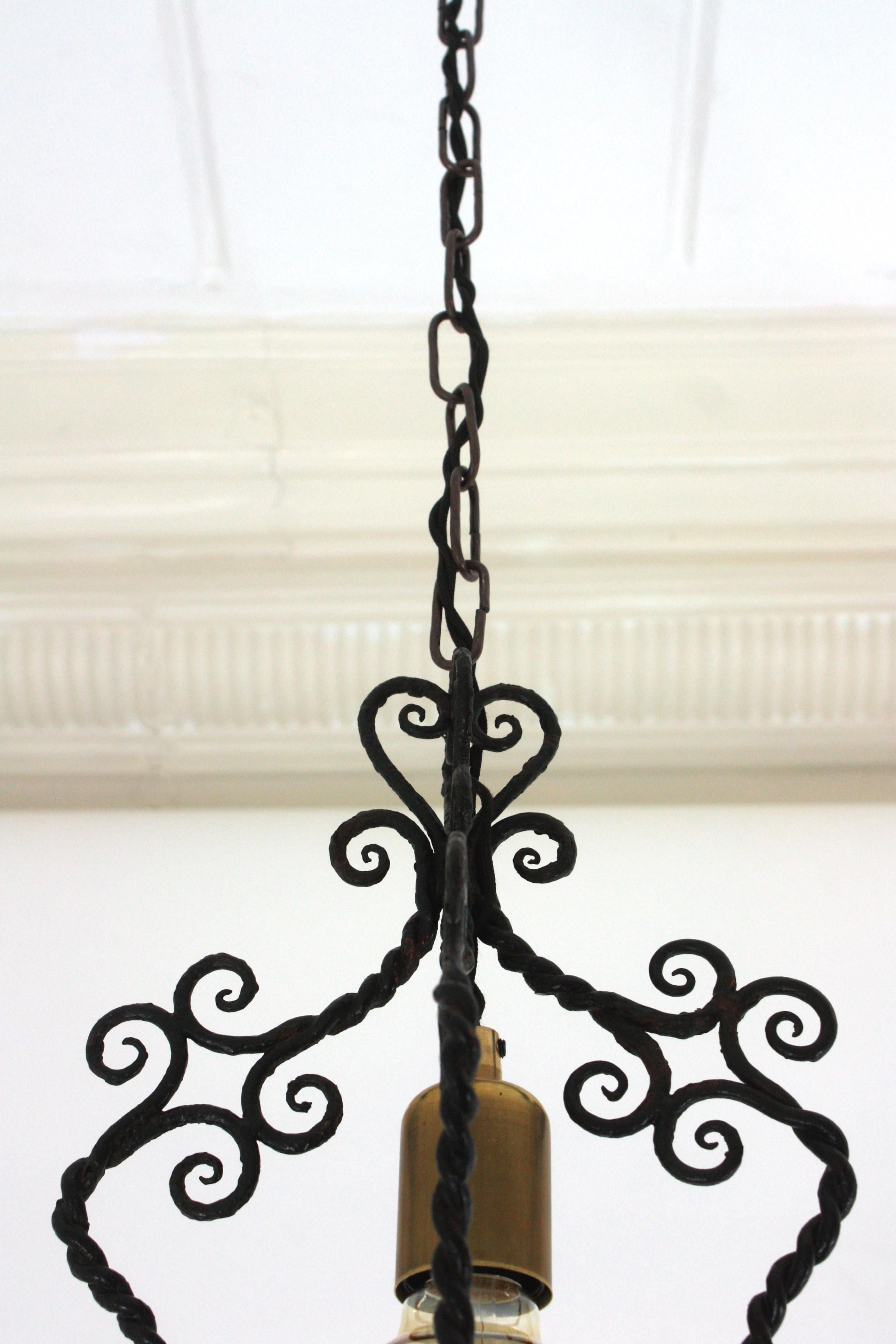 Spanish Lantern Pendant Lamp in Wrought Iron, Scroll Twisting Design, 1940s For Sale 10