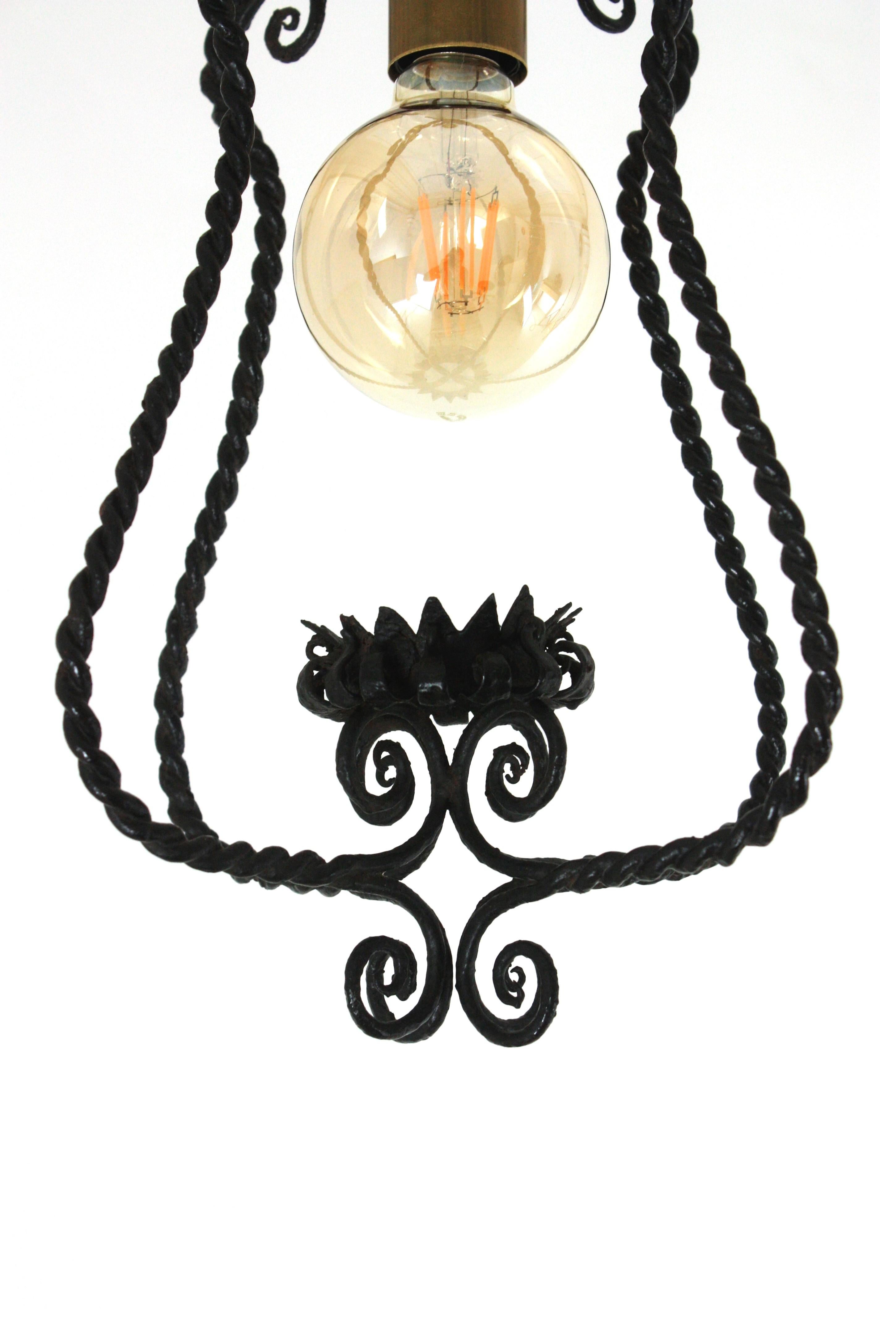 Spanish Lantern Pendant Lamp in Wrought Iron, Scroll Twisting Design, 1940s For Sale 11