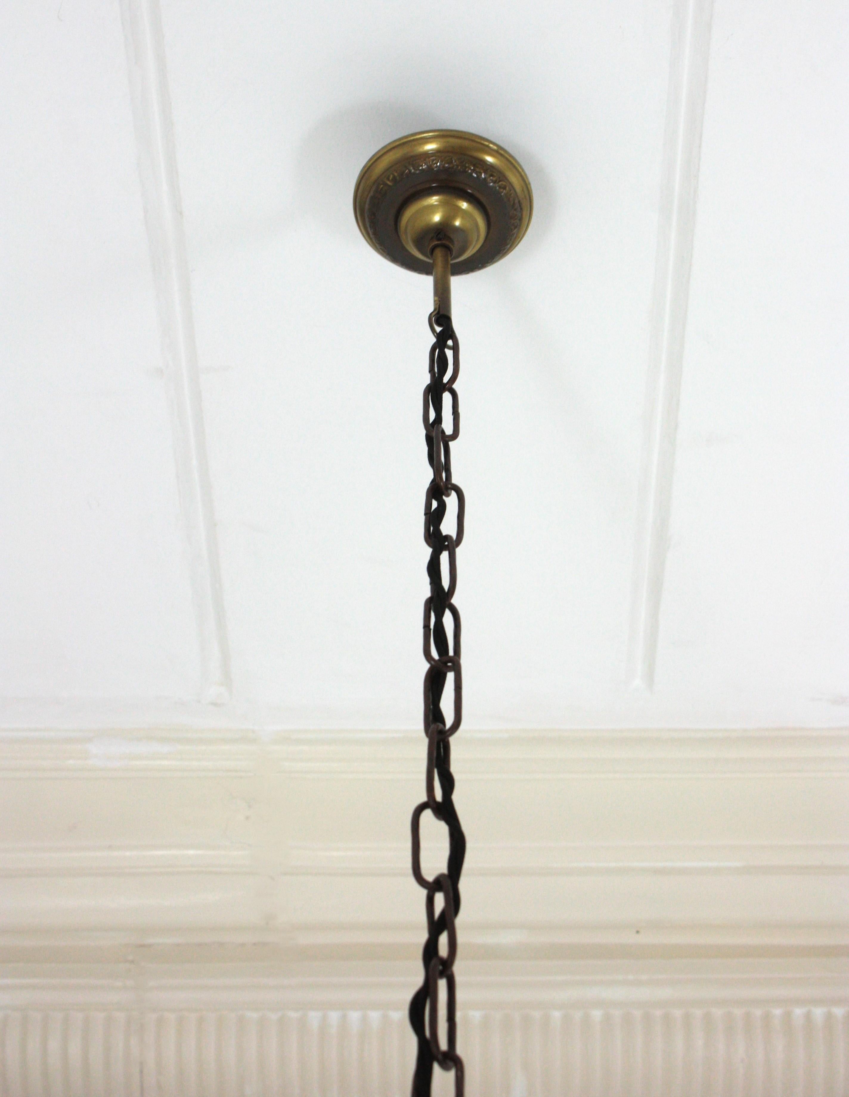 Spanish Lantern Pendant Lamp in Wrought Iron, Scroll Twisting Design, 1940s For Sale 12
