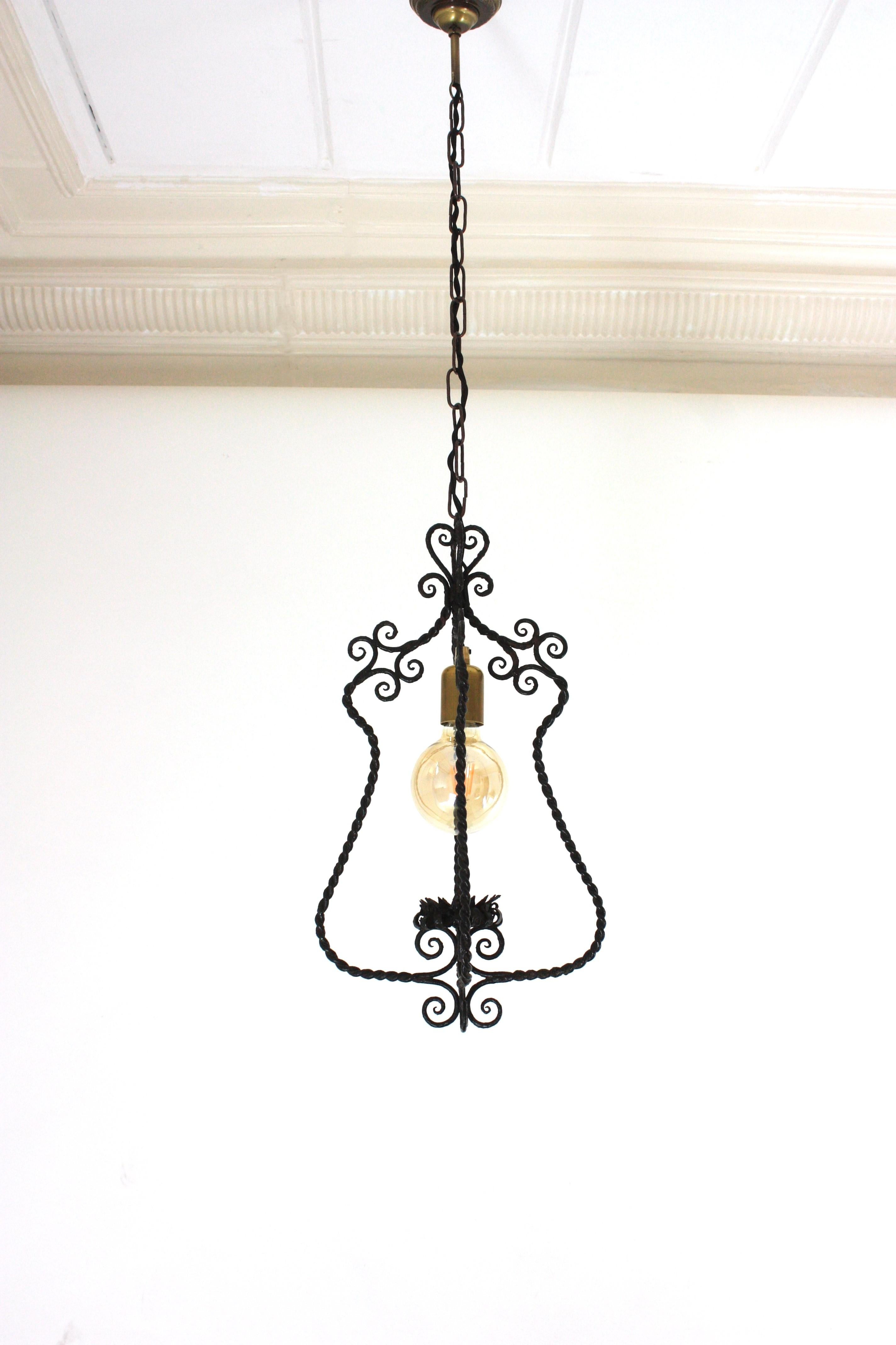Spanish Lantern Pendant Lamp in Wrought Iron, Scroll Twisting Design, 1940s For Sale 13