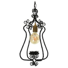 Spanish Lantern Pendant Lamp in Wrought Iron with Scroll Twisting Design, 1940s