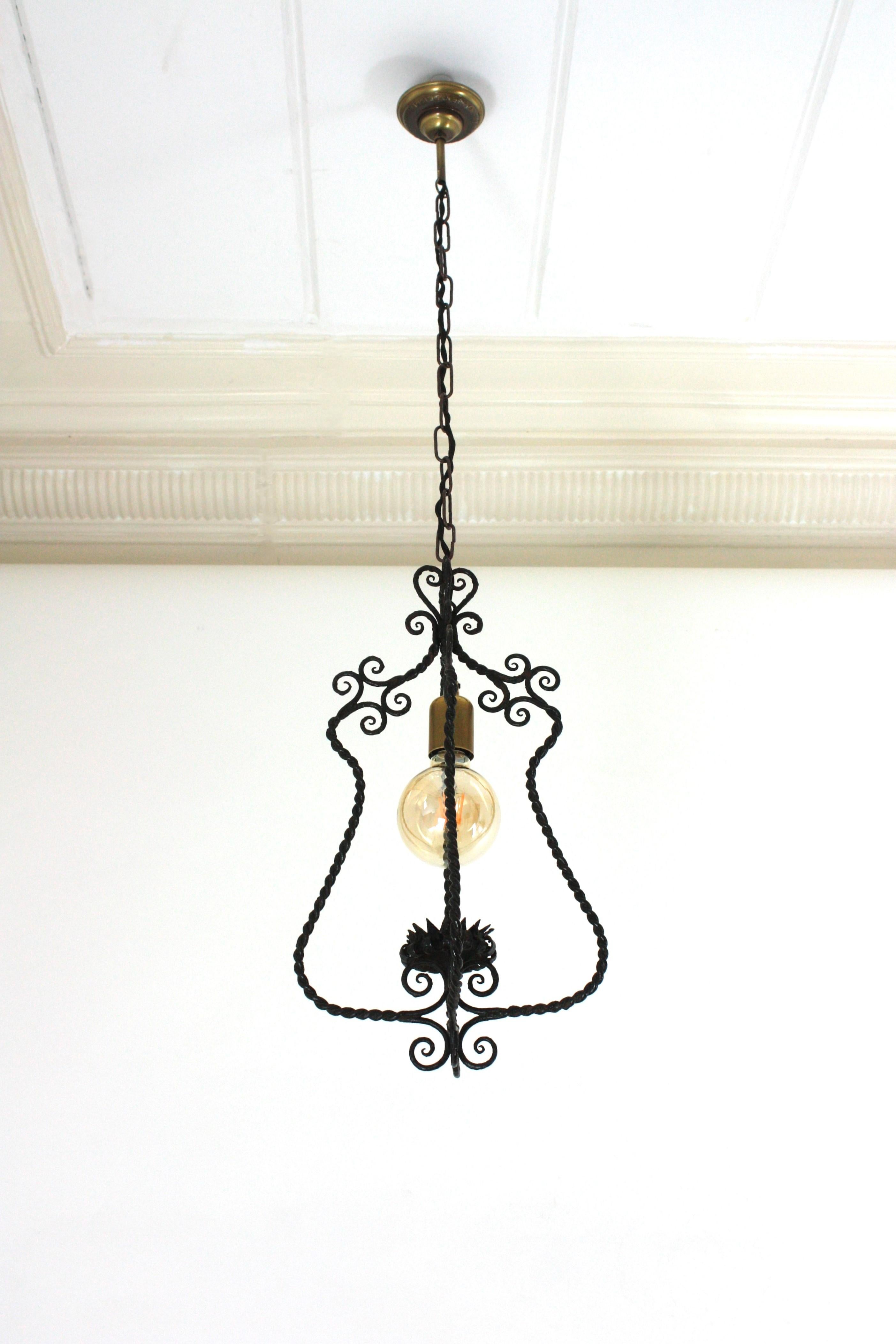 Mid-Century Modern Spanish Lantern Pendant Lamp in Wrought Iron, Scroll Twisting Design, 1940s For Sale