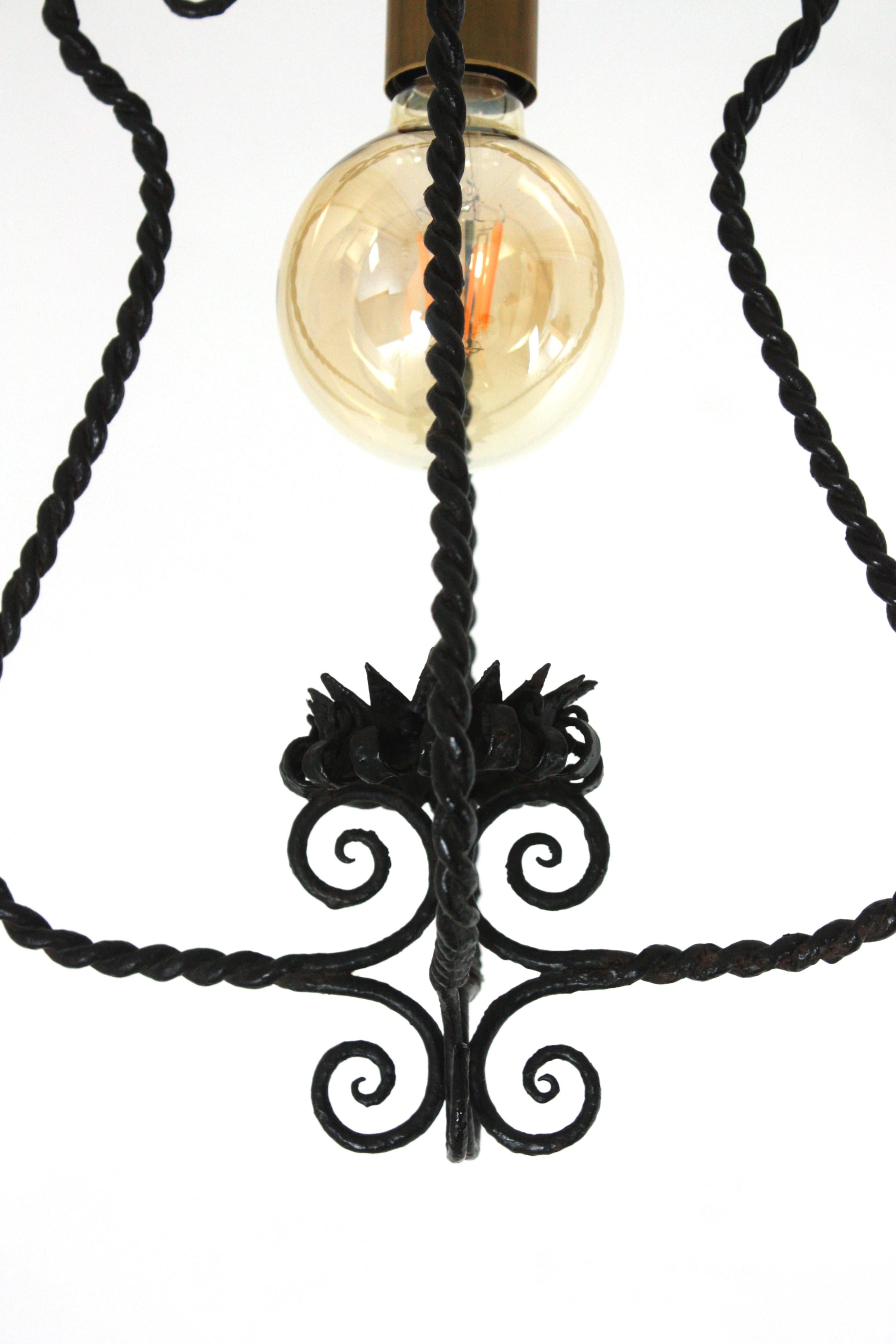 20th Century Spanish Lantern Pendant Lamp in Wrought Iron, Scroll Twisting Design, 1940s For Sale