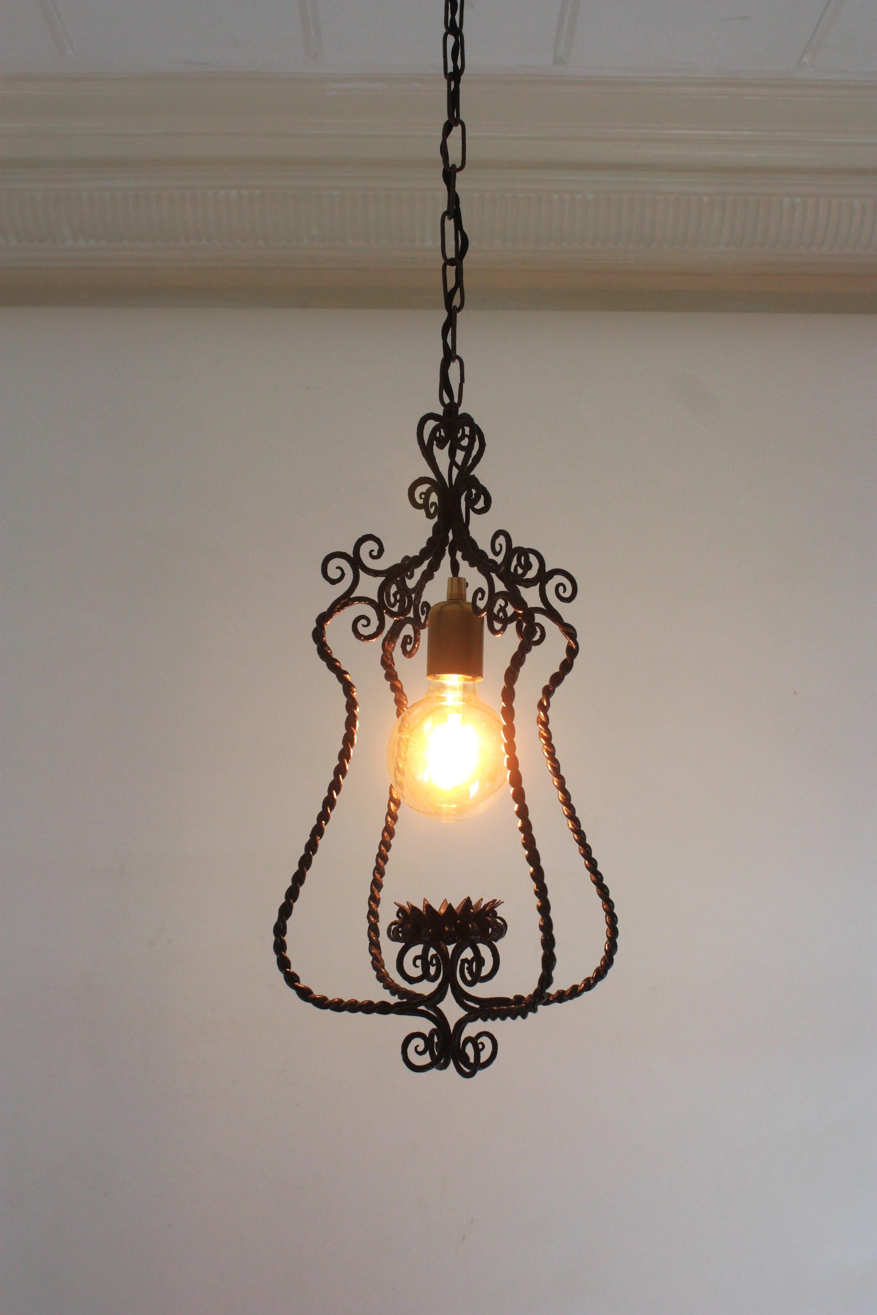 Spanish Lantern Pendant Lamp in Wrought Iron, Scroll Twisting Design, 1940s For Sale 1