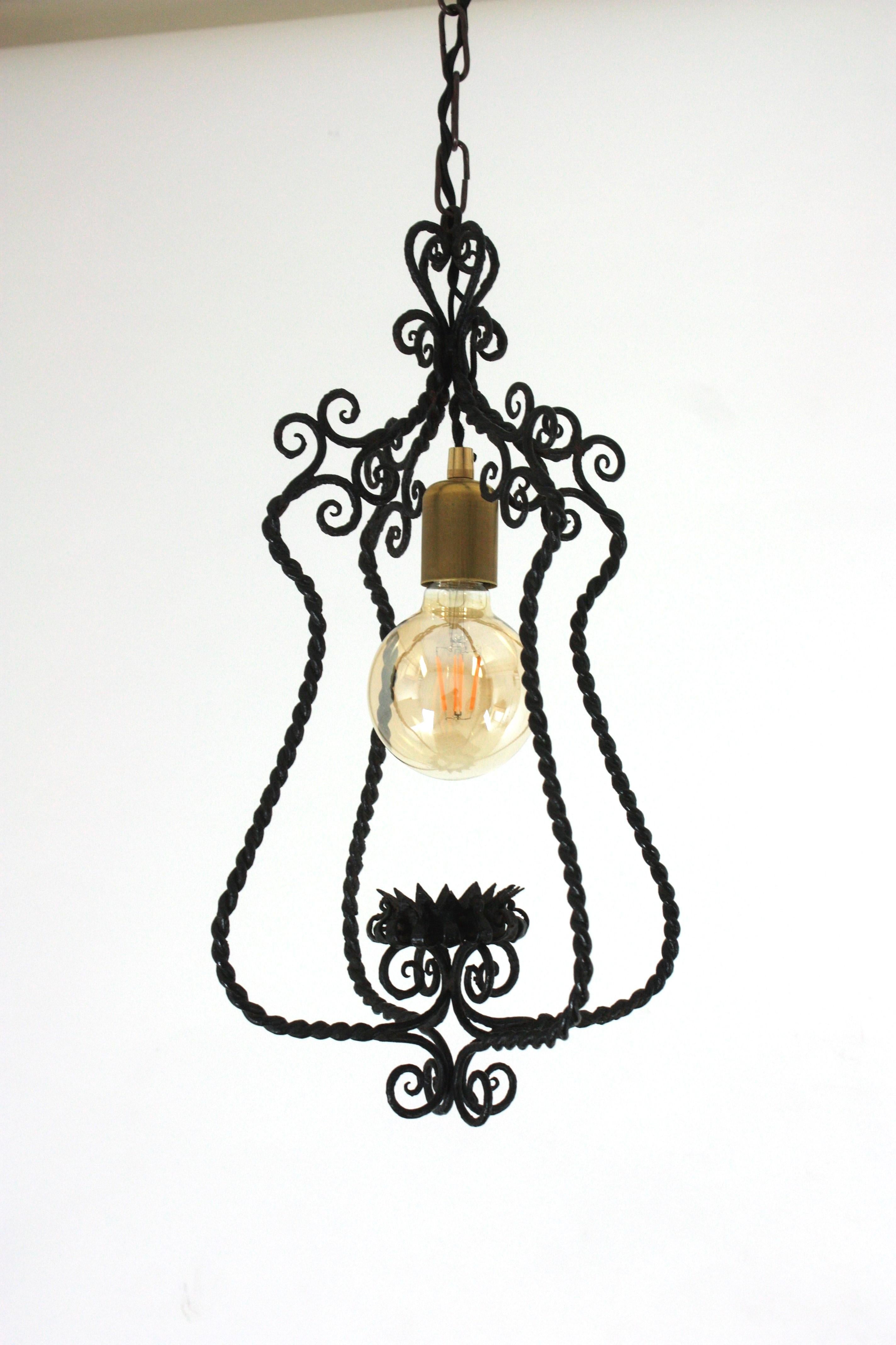 Spanish Lantern Pendant Lamp in Wrought Iron, Scroll Twisting Design, 1940s For Sale 2