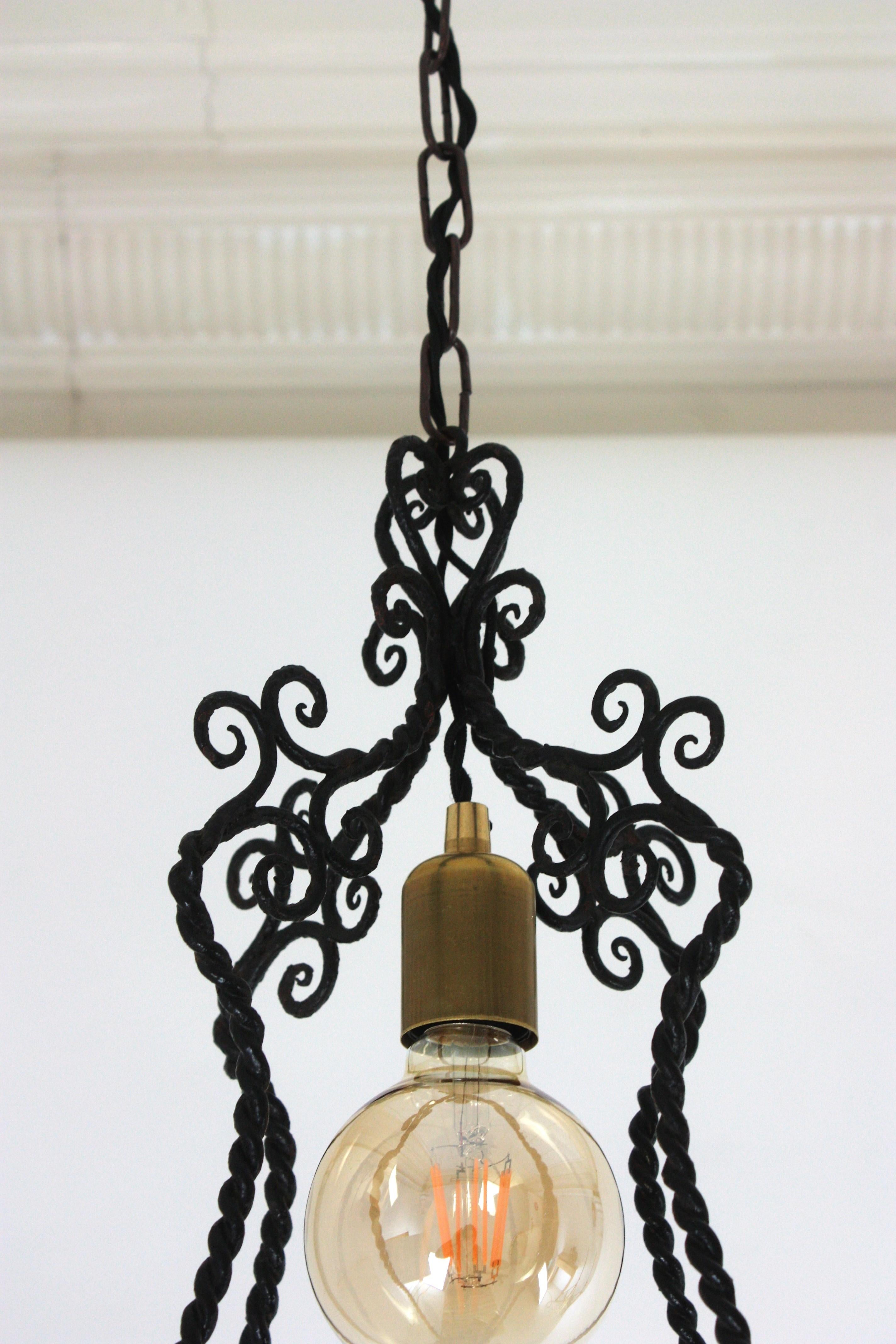 Spanish Lantern Pendant Lamp in Wrought Iron, Scroll Twisting Design, 1940s For Sale 3