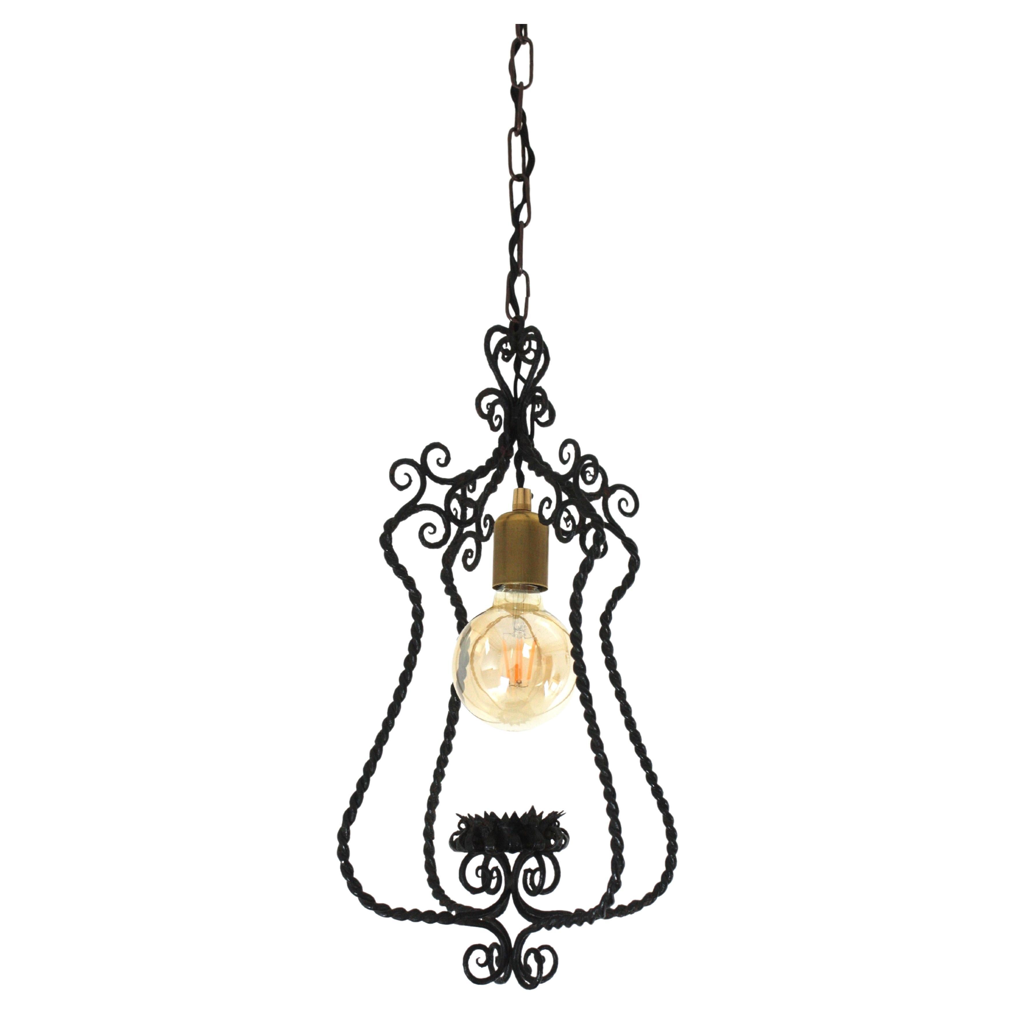 Spanish Lantern Pendant Lamp in Wrought Iron, Scroll Twisting Design, 1940s For Sale