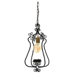 Antique Spanish Lantern Pendant Lamp in Wrought Iron, Scroll Twisting Design, 1940s