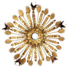 Spanish Large Brutalist Floral Sunburst Light Fixture in Gilt Iron, 1950s