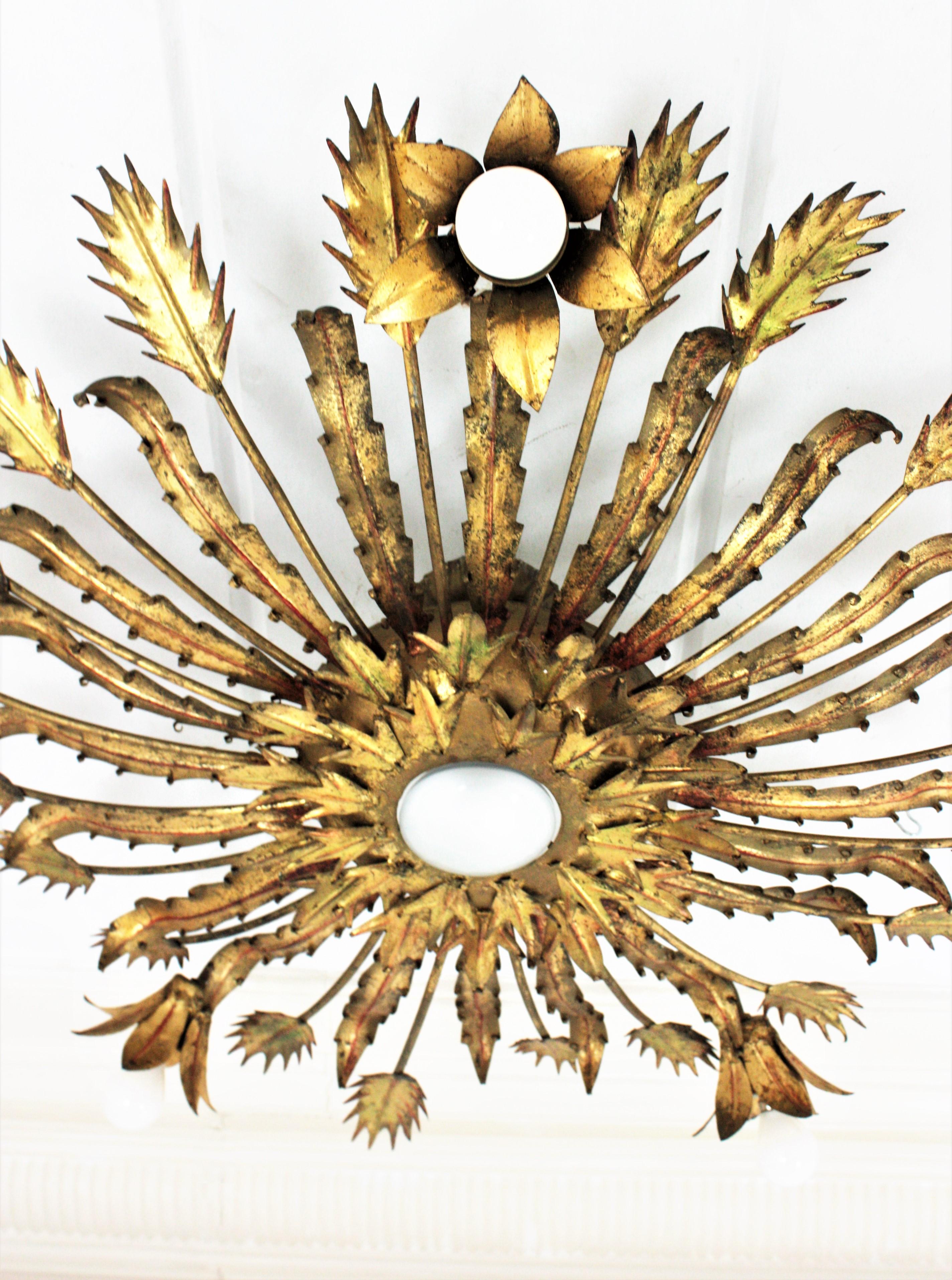 Spanish Large Brutalist Gilt Iron Floral Sunburst Light Fixture, 1950s For Sale 5