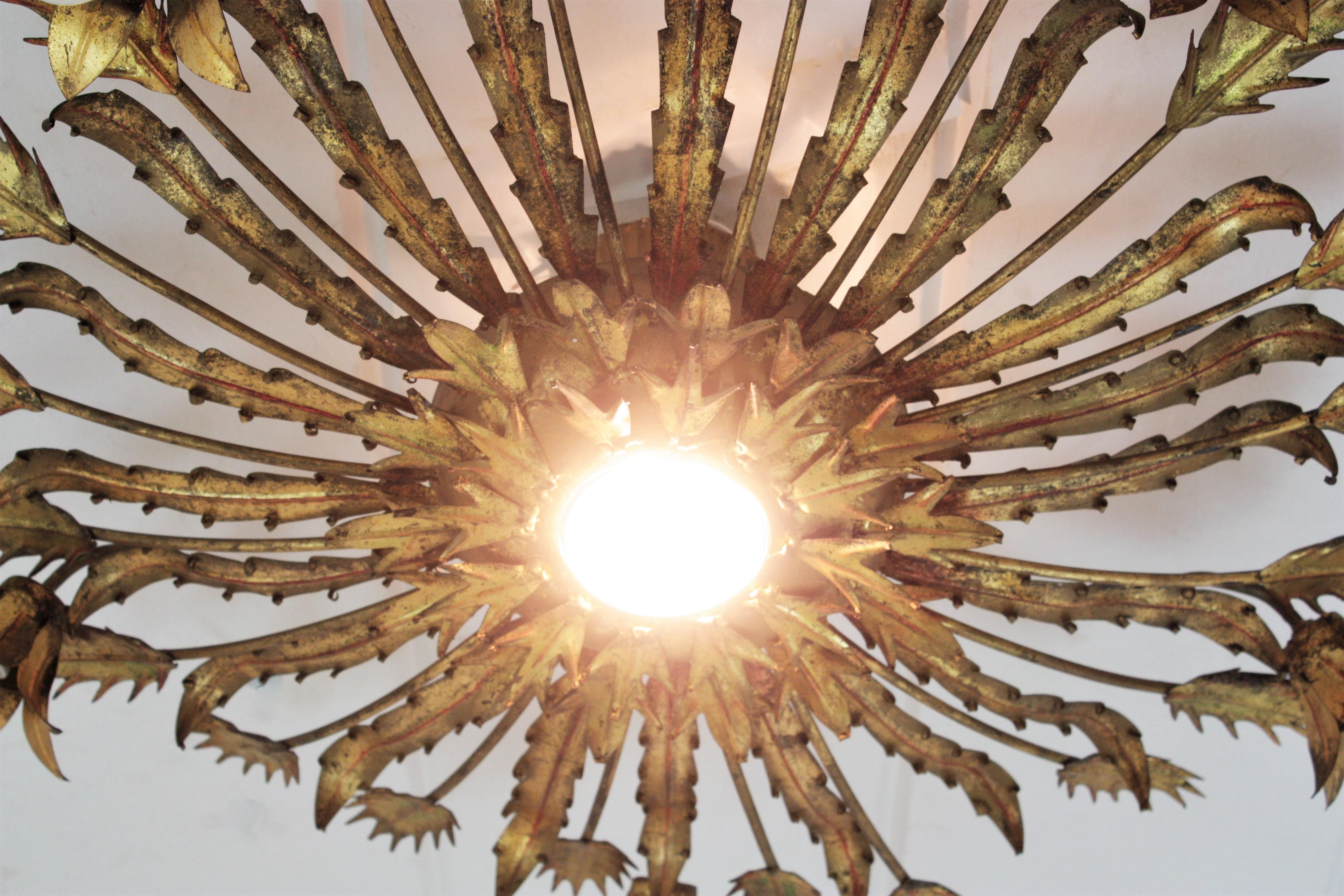 Spanish Large Brutalist Gilt Iron Floral Sunburst Light Fixture, 1950s For Sale 7