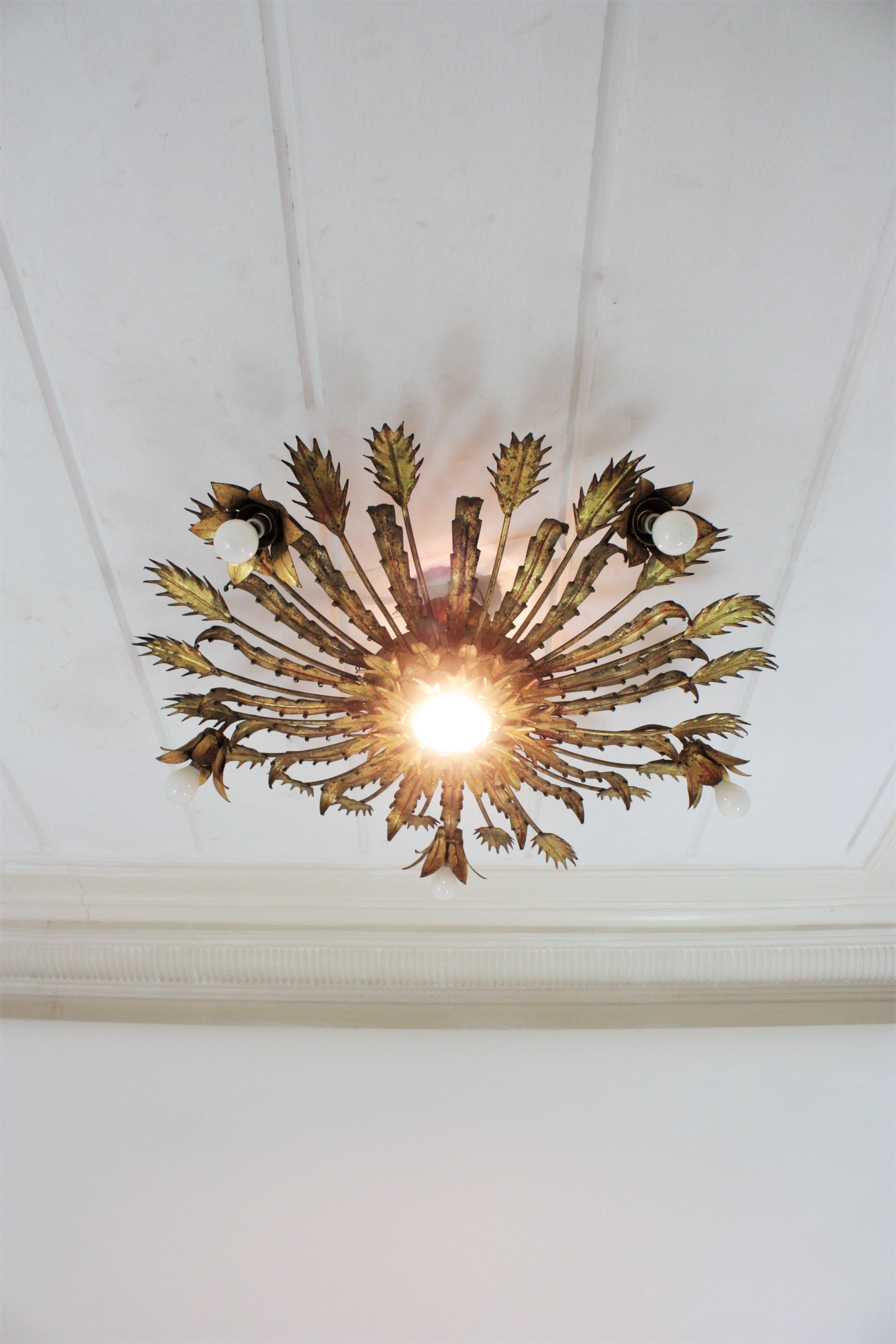 Spanish Large Brutalist Gilt Iron Floral Sunburst Light Fixture, 1950s For Sale 8