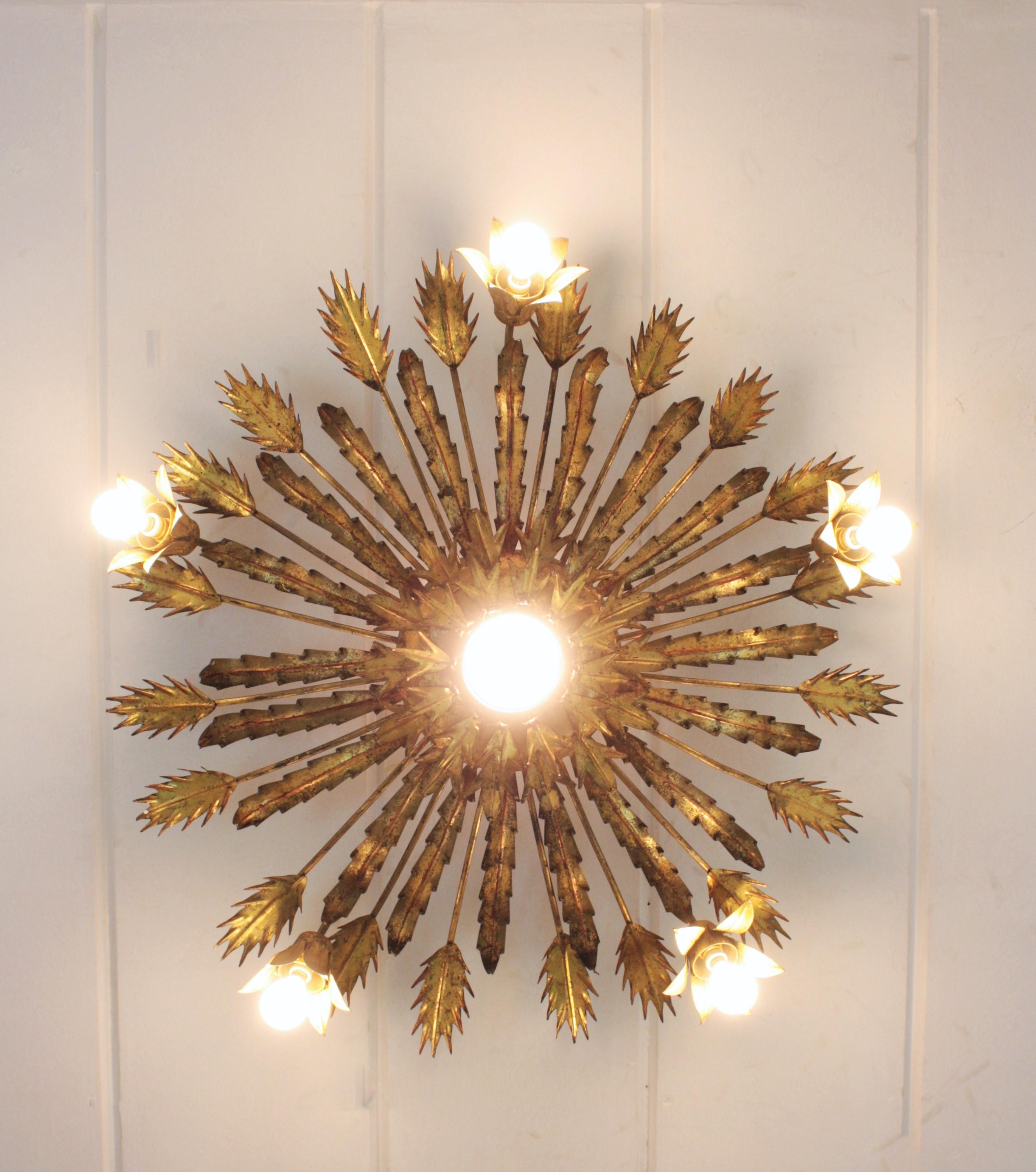 Metal Spanish Large Brutalist Gilt Iron Floral Sunburst Light Fixture, 1950s For Sale