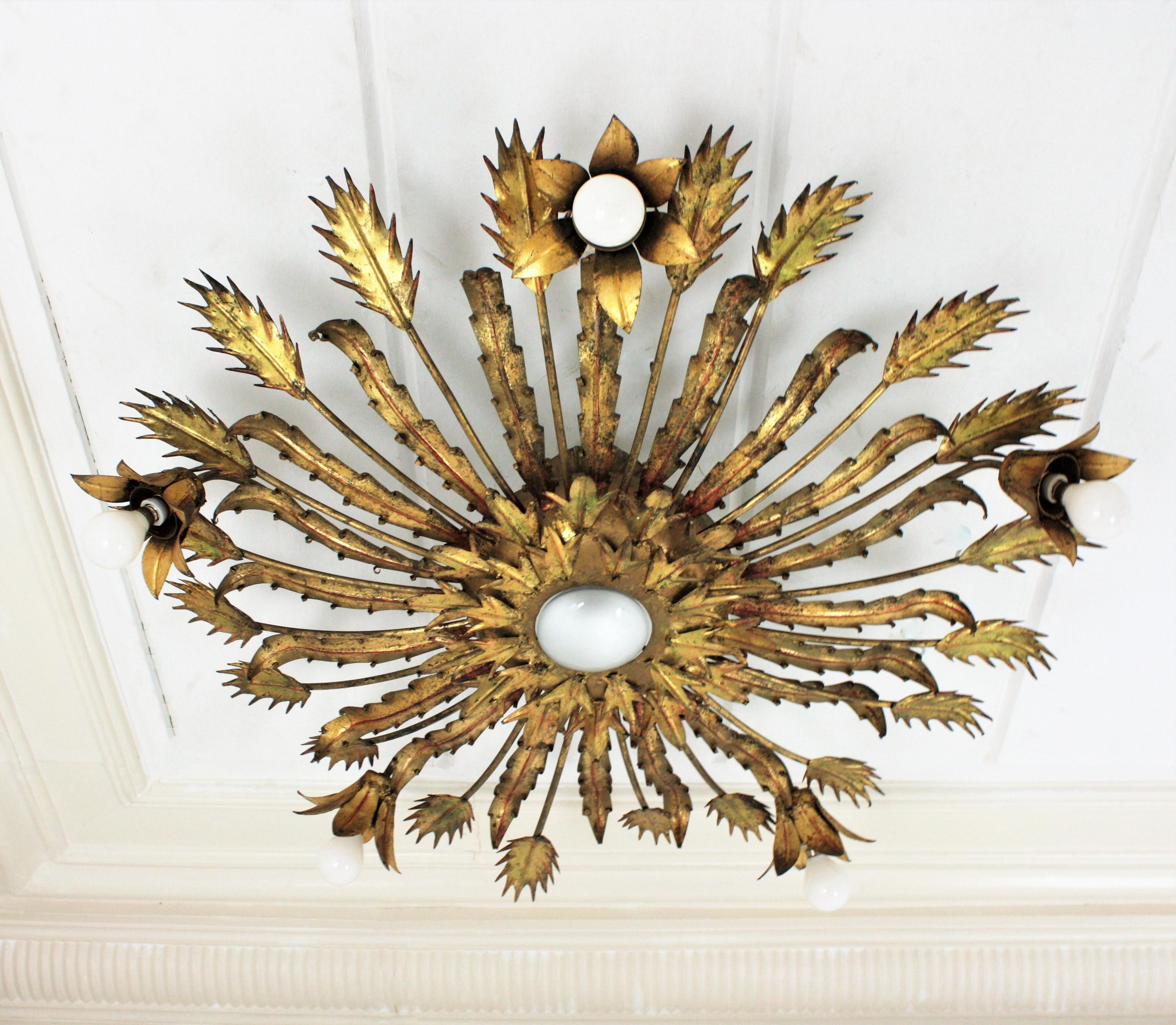 Spanish Large Brutalist Gilt Iron Floral Sunburst Light Fixture, 1950s For Sale 2