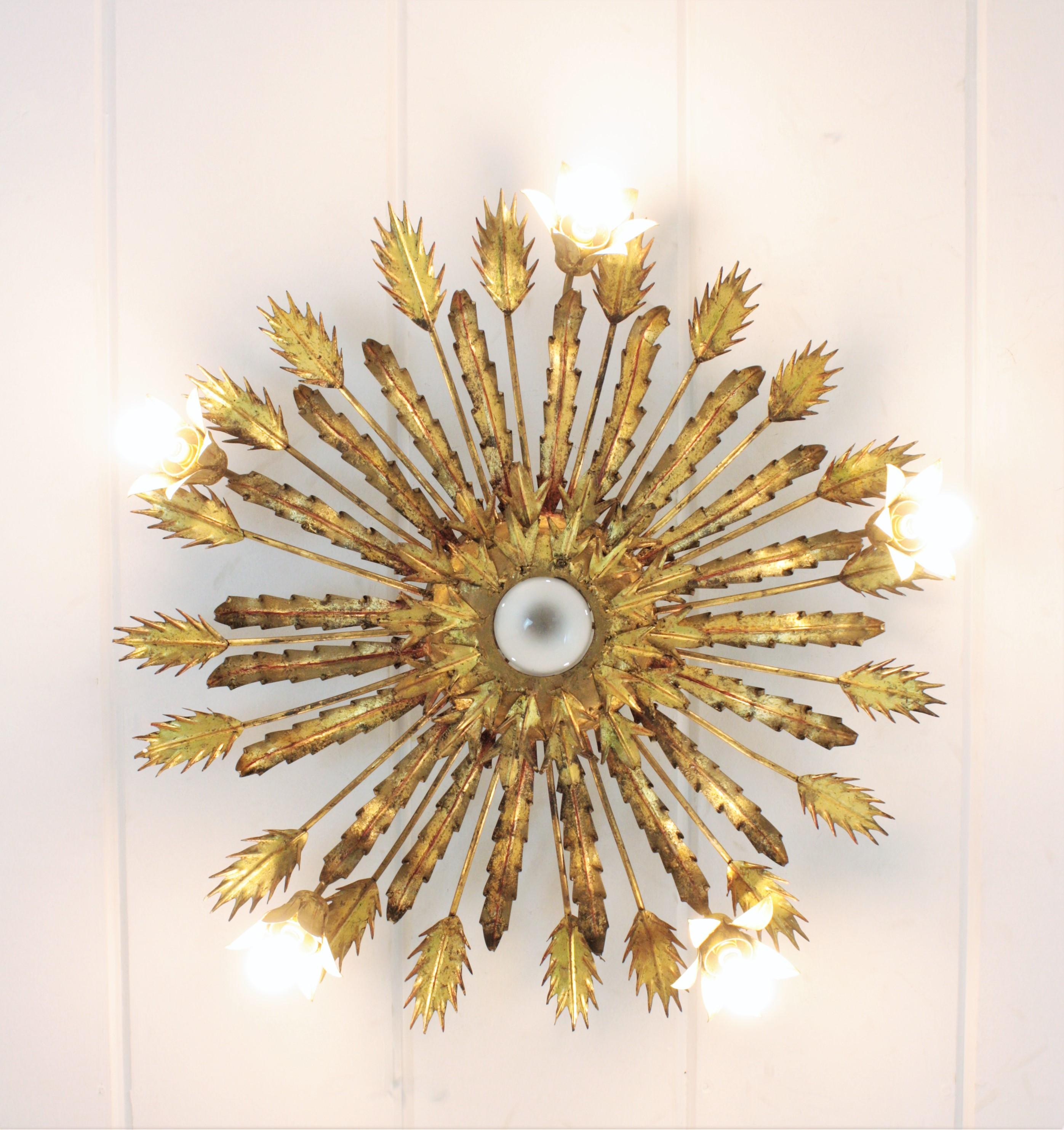 Spanish Large Brutalist Gilt Iron Floral Sunburst Light Fixture, 1950s For Sale 3