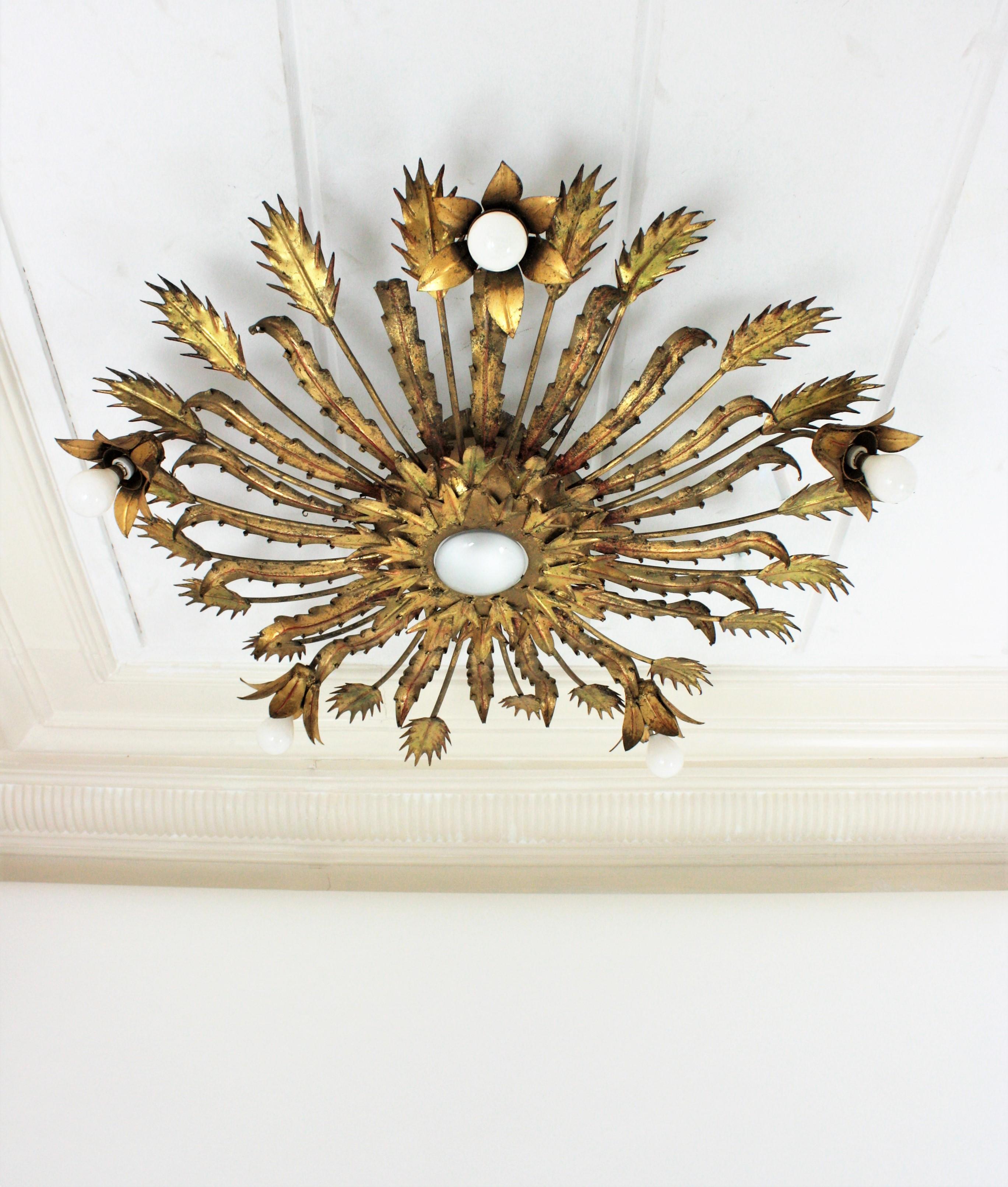 Spanish Large Brutalist Gilt Iron Floral Sunburst Light Fixture, 1950s For Sale 4