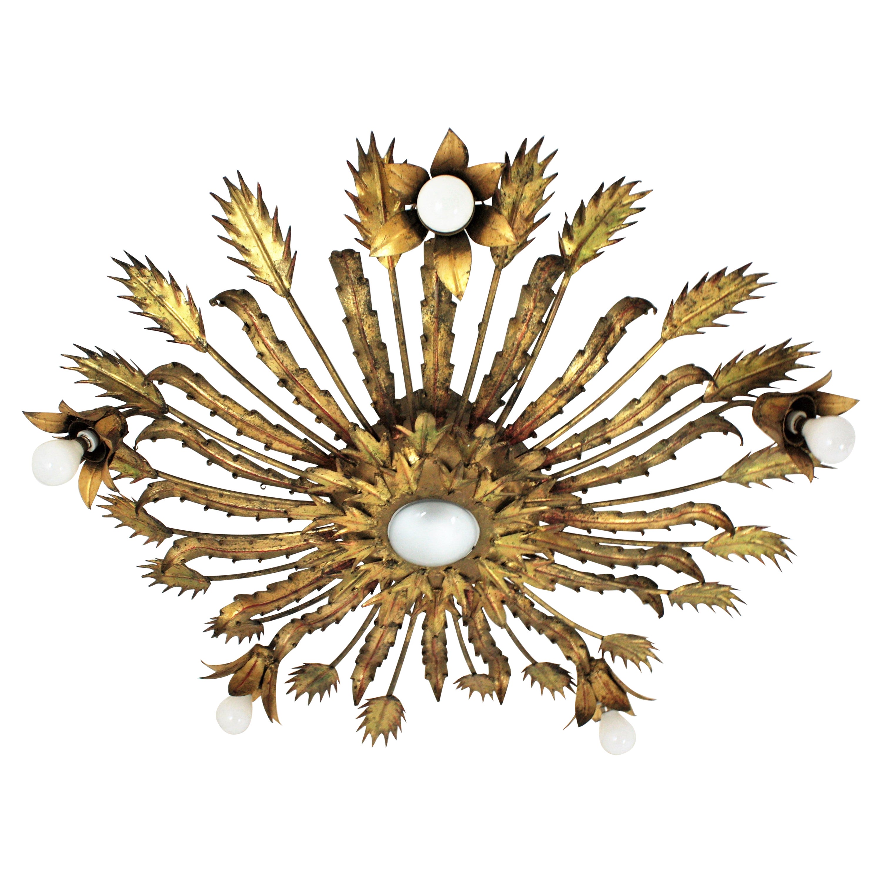 Spanish Large Brutalist Gilt Iron Floral Sunburst Light Fixture, 1950s