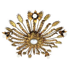 Spanish Large Brutalist Gilt Iron Floral Sunburst Light Fixture, 1950s