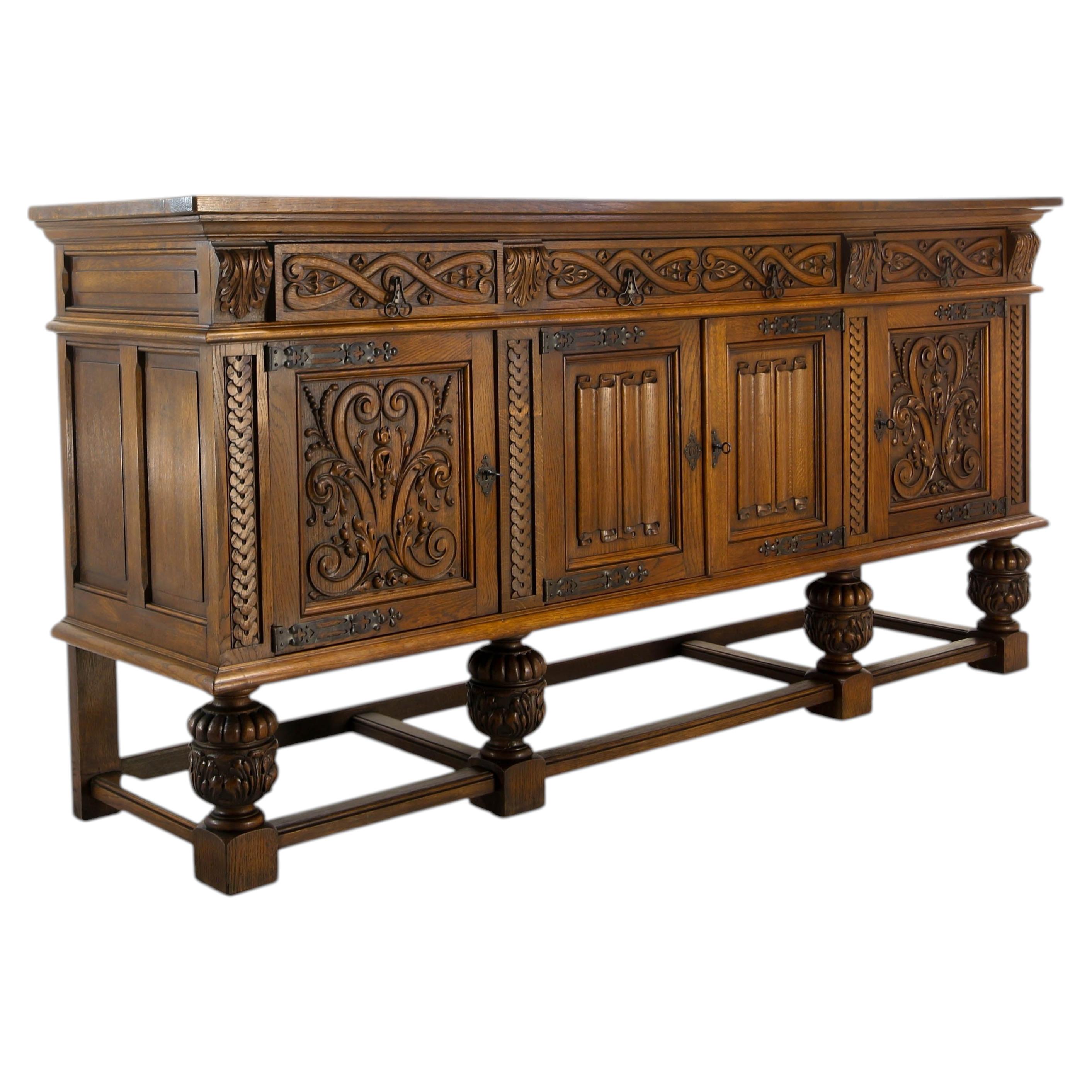 Spanish Large Carved Oak Buffet Neo-Renaissance Style, circa 1950