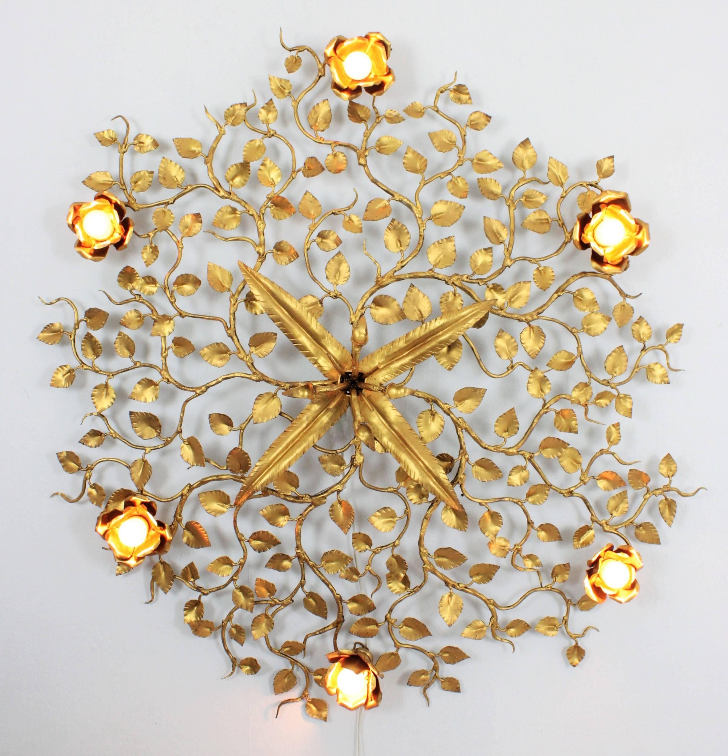 Hand-Crafted Huge Gilt Iron Ornate Floral Ceiling Light Fixture / Wall Light, Spain 1960s