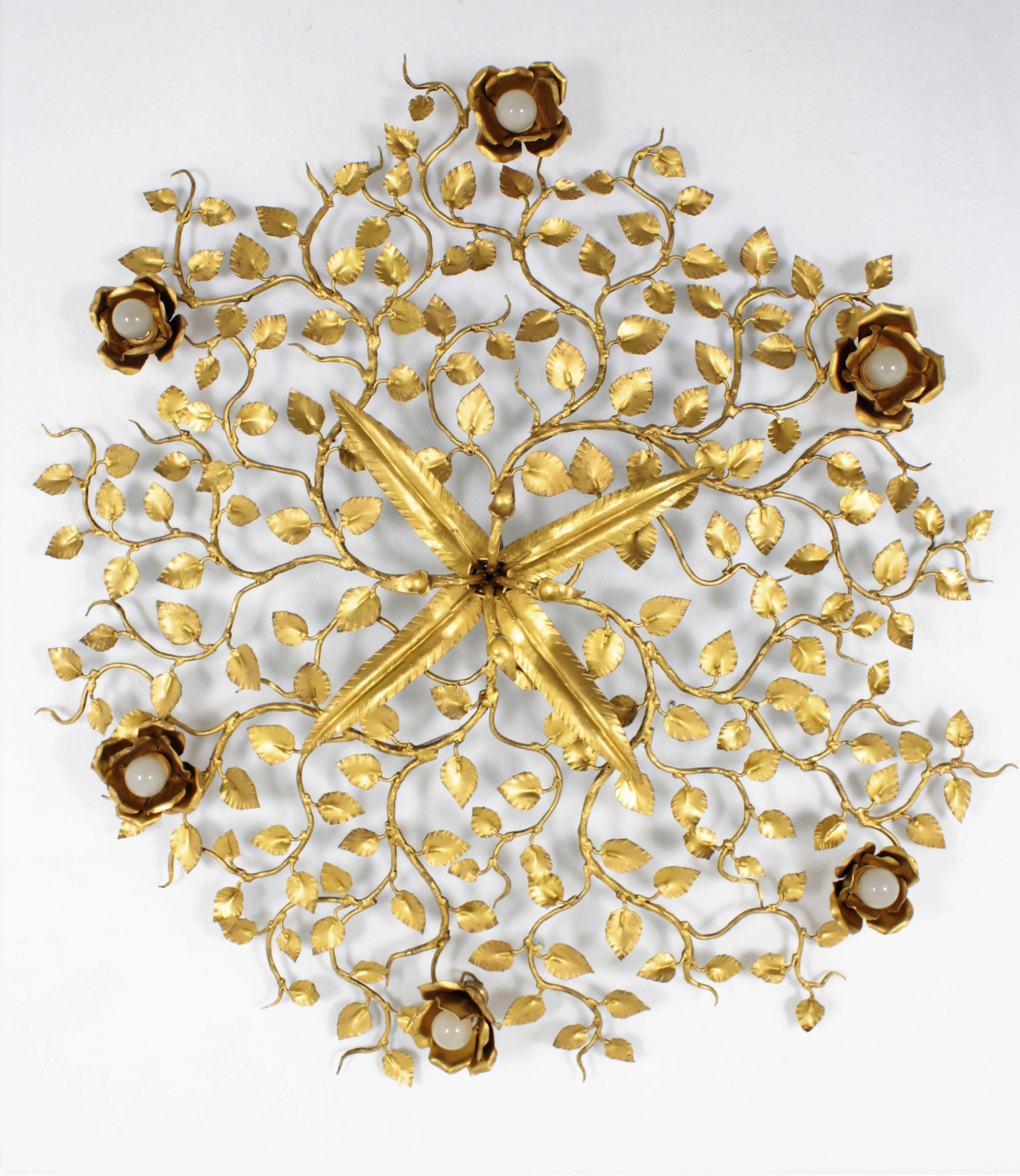 Huge Gilt Iron Ornate Floral Ceiling Light Fixture / Wall Light, Spain 1960s In Excellent Condition In Barcelona, ES