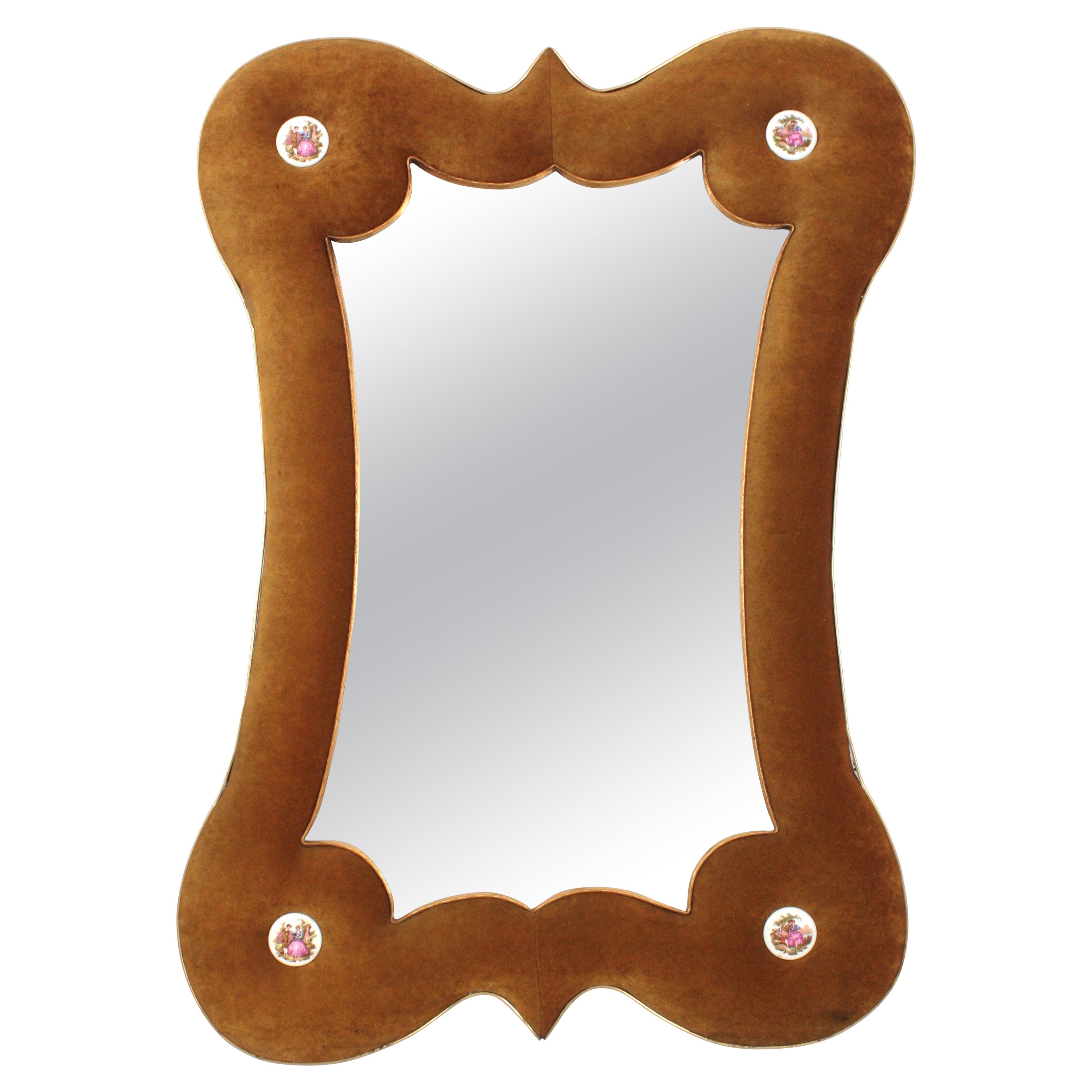 Spanish Large Mirror in Ochre Velvet with Porcelain Medallion Details