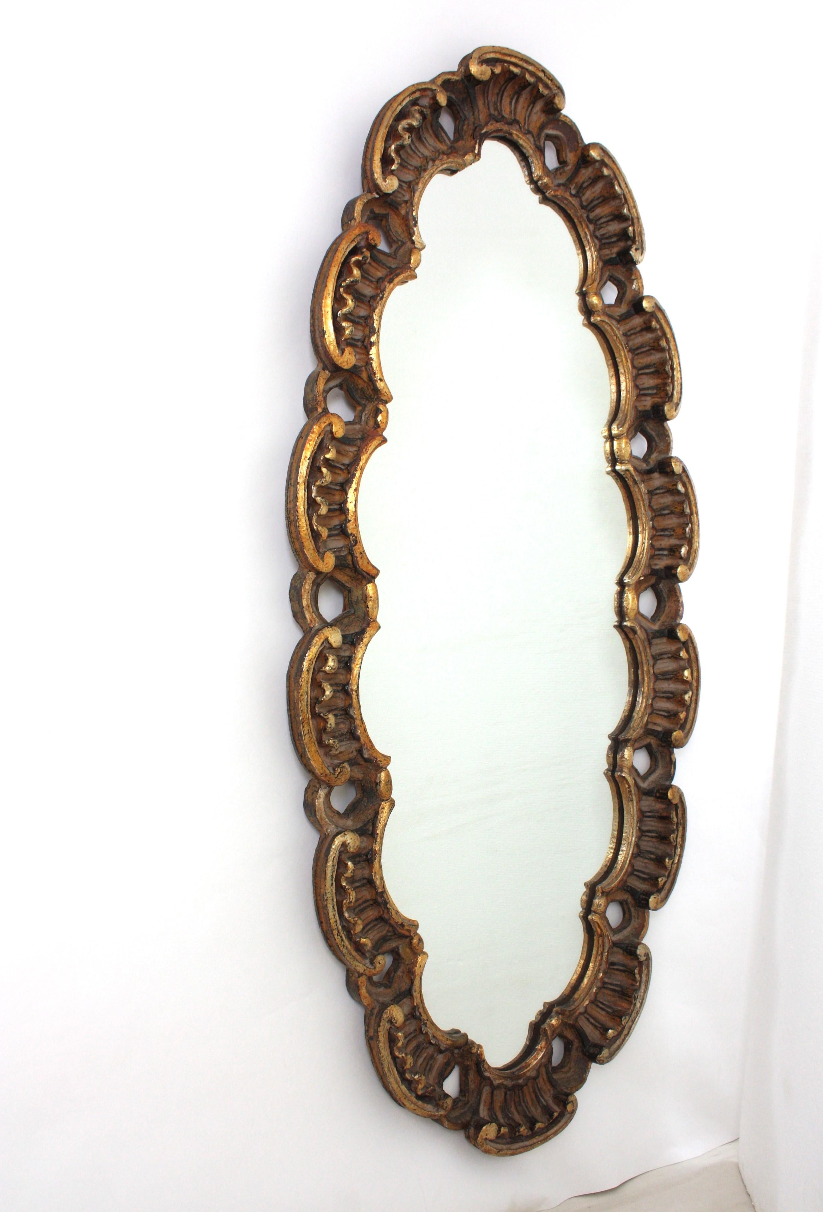Mid-Century Modern Spanish Large Oval Mirror in Giltwood with Scalloped Frame by Francisco Hurtado For Sale