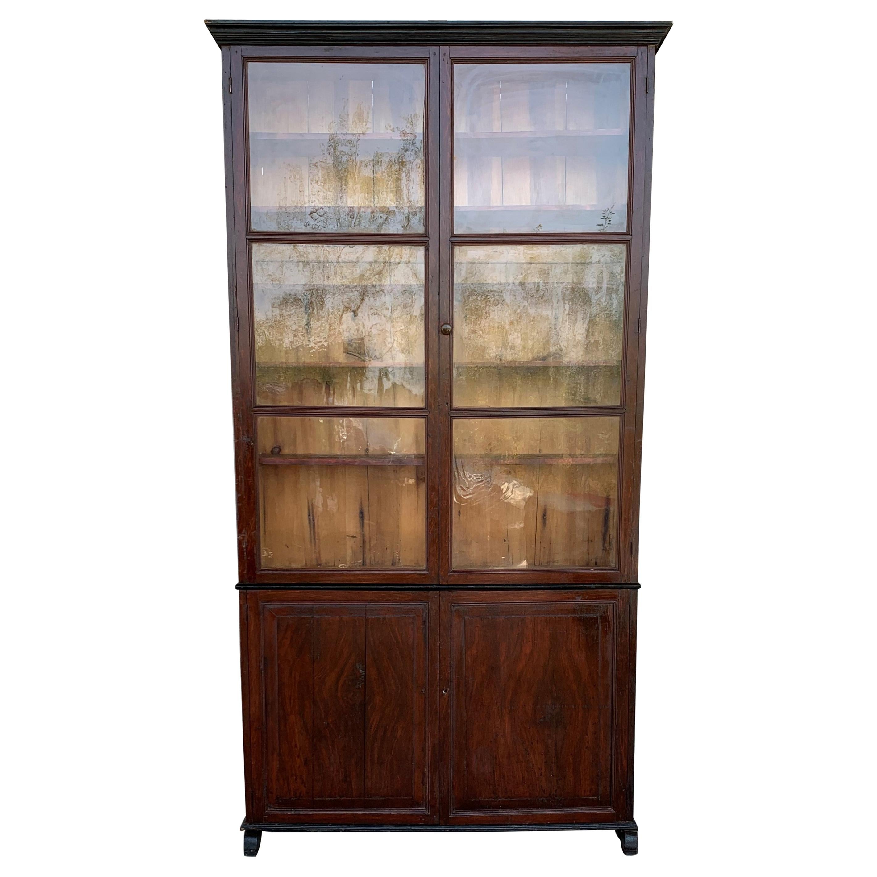 Spanish Large Pine Cupboard or Bookcase with Glass Vitrine, 19th Century