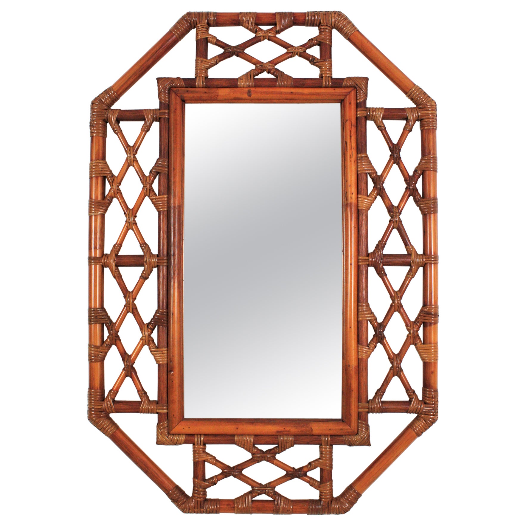 Spanish Large Rattan Bamboo Octagonal Wall Mirror, 1960