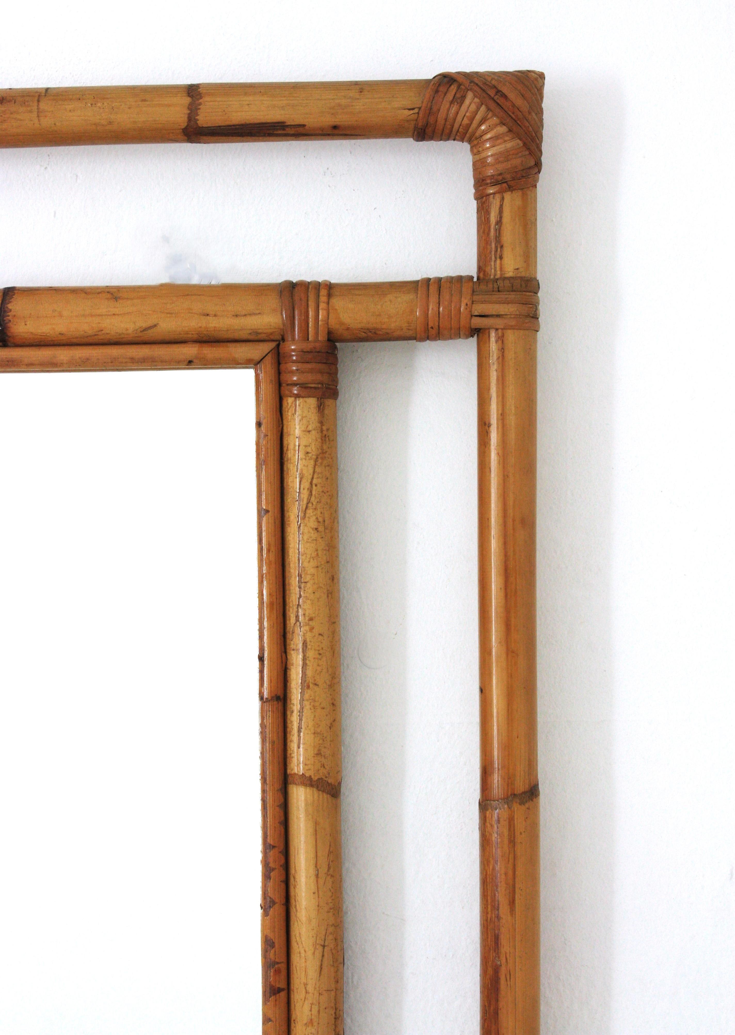 Spanish Large Rattan Rectangular Mirror with Geometric Frame, 1960s For Sale 3