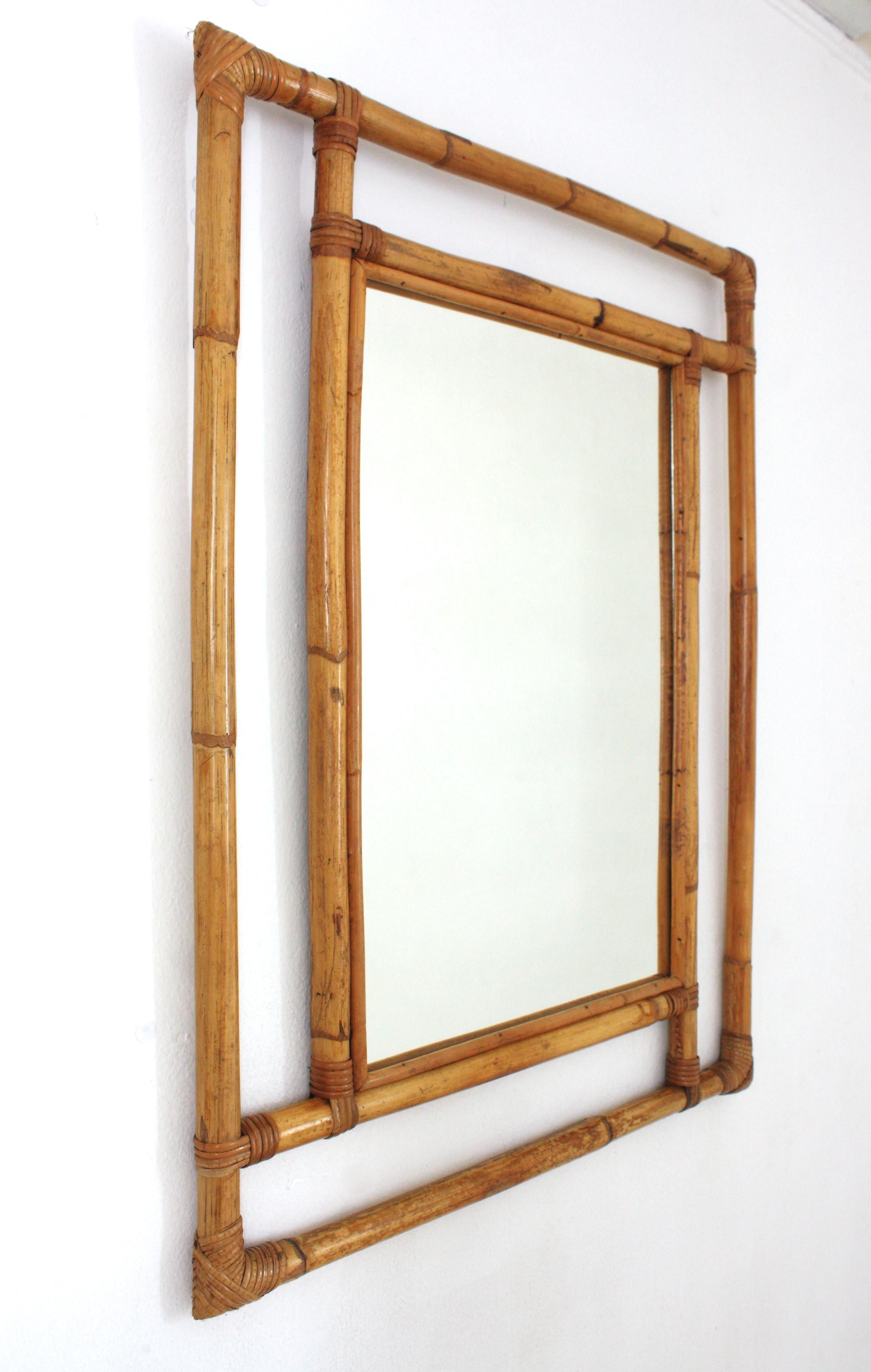 Hand-Crafted Spanish Large Rattan Rectangular Mirror with Geometric Frame, 1960s For Sale