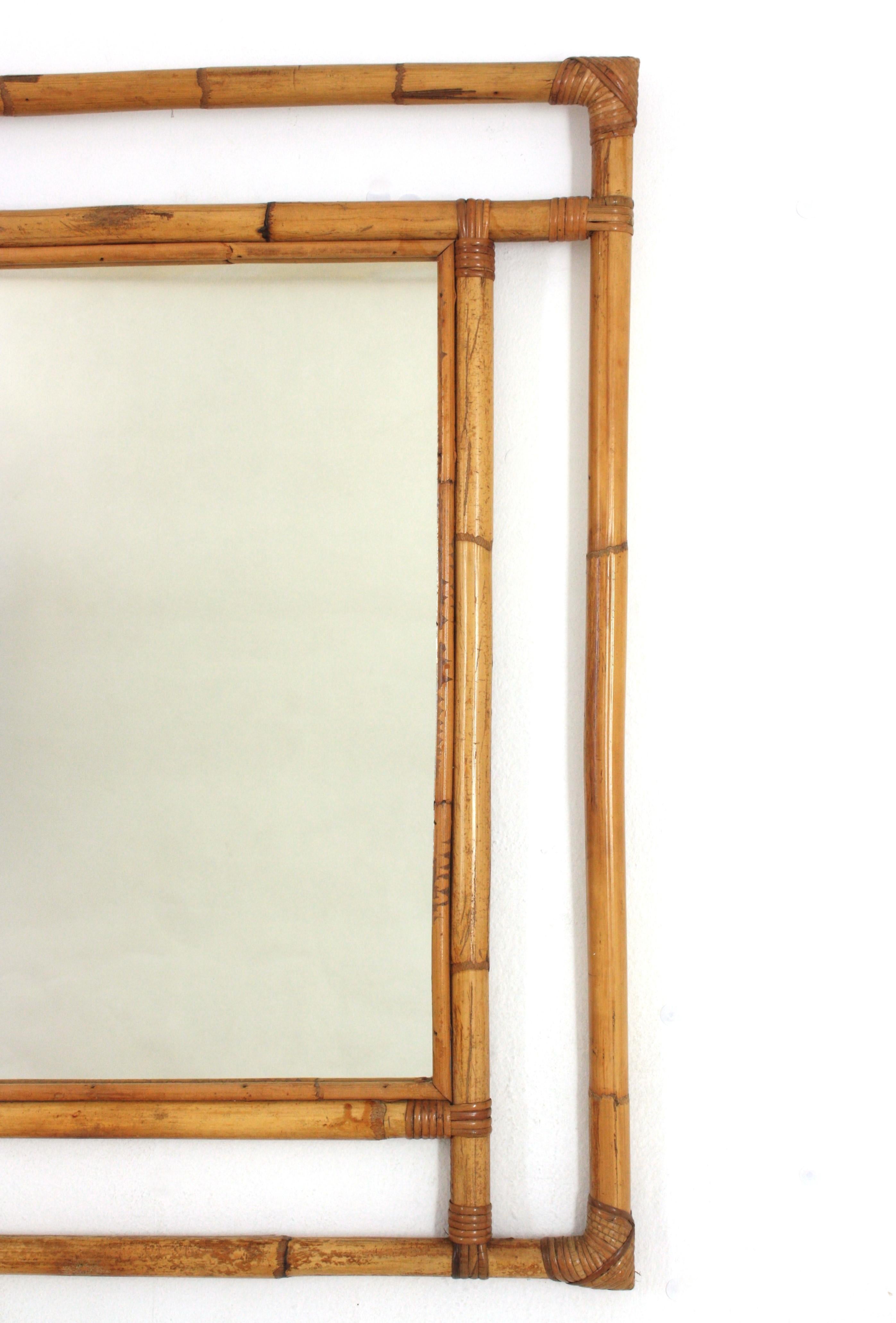 20th Century Spanish Large Rattan Rectangular Mirror with Geometric Frame, 1960s For Sale