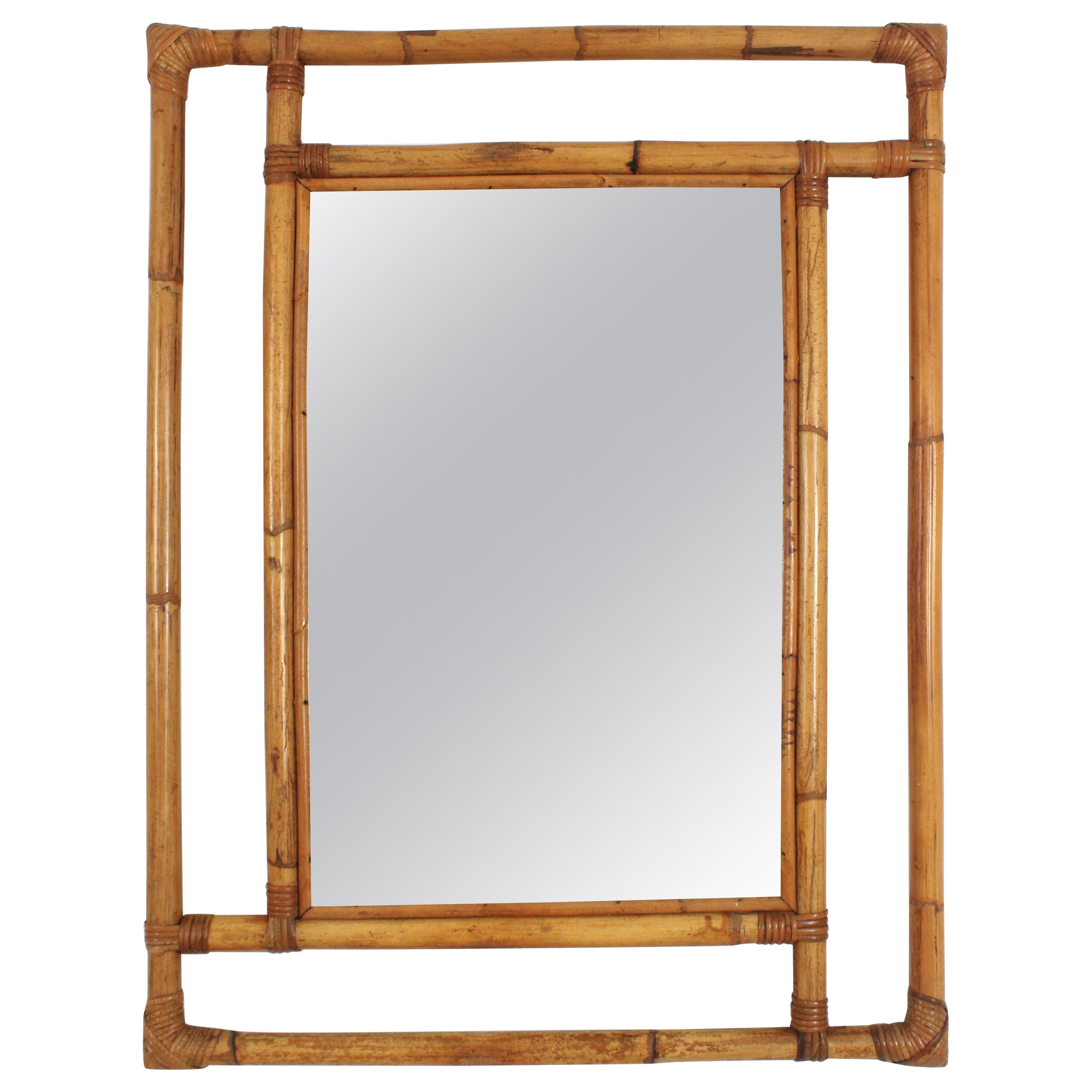 Spanish Large Rattan Rectangular Mirror with Geometric Frame, 1960s
