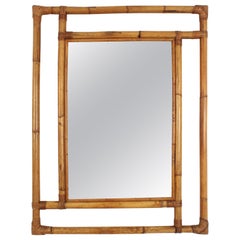 Spanish Large Rattan Rectangular Mirror with Geometric Frame, 1960s
