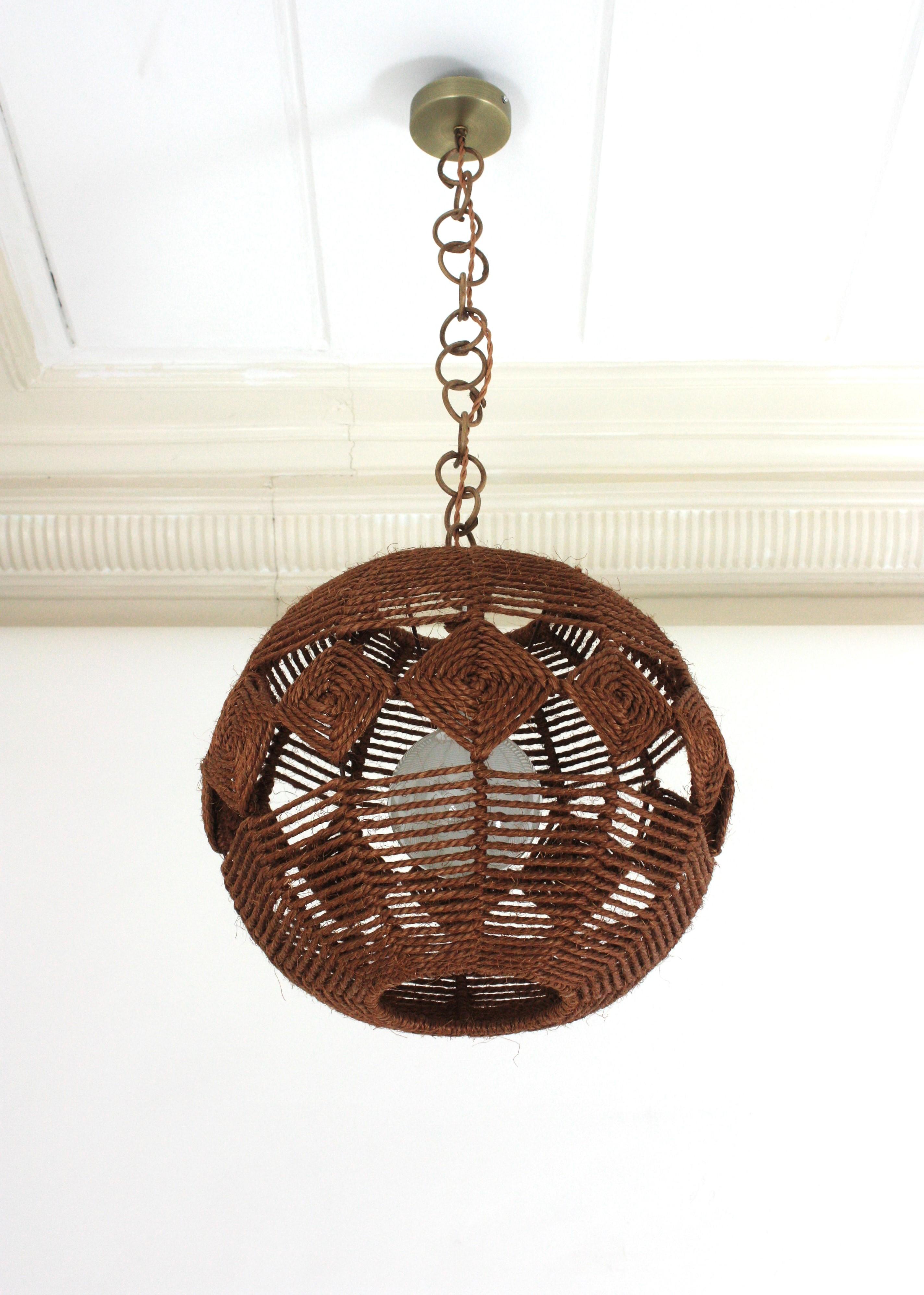 Spanish Large Rope Ball Pendant Light Ceiling Hanging Lamp, 1960s For Sale 3