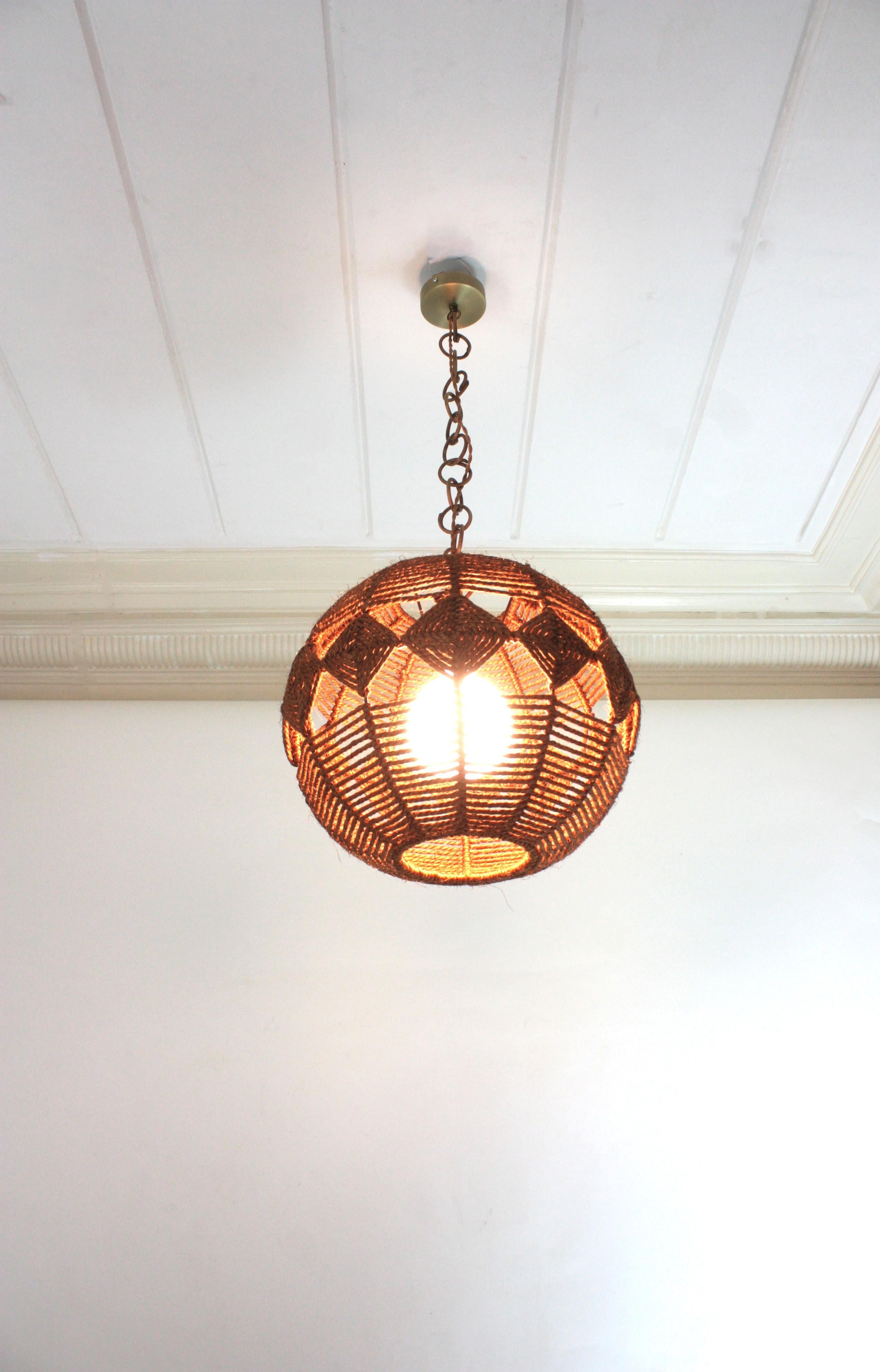 Spanish Large Rope Ball Pendant Light Ceiling Hanging Lamp, 1960s For Sale 4