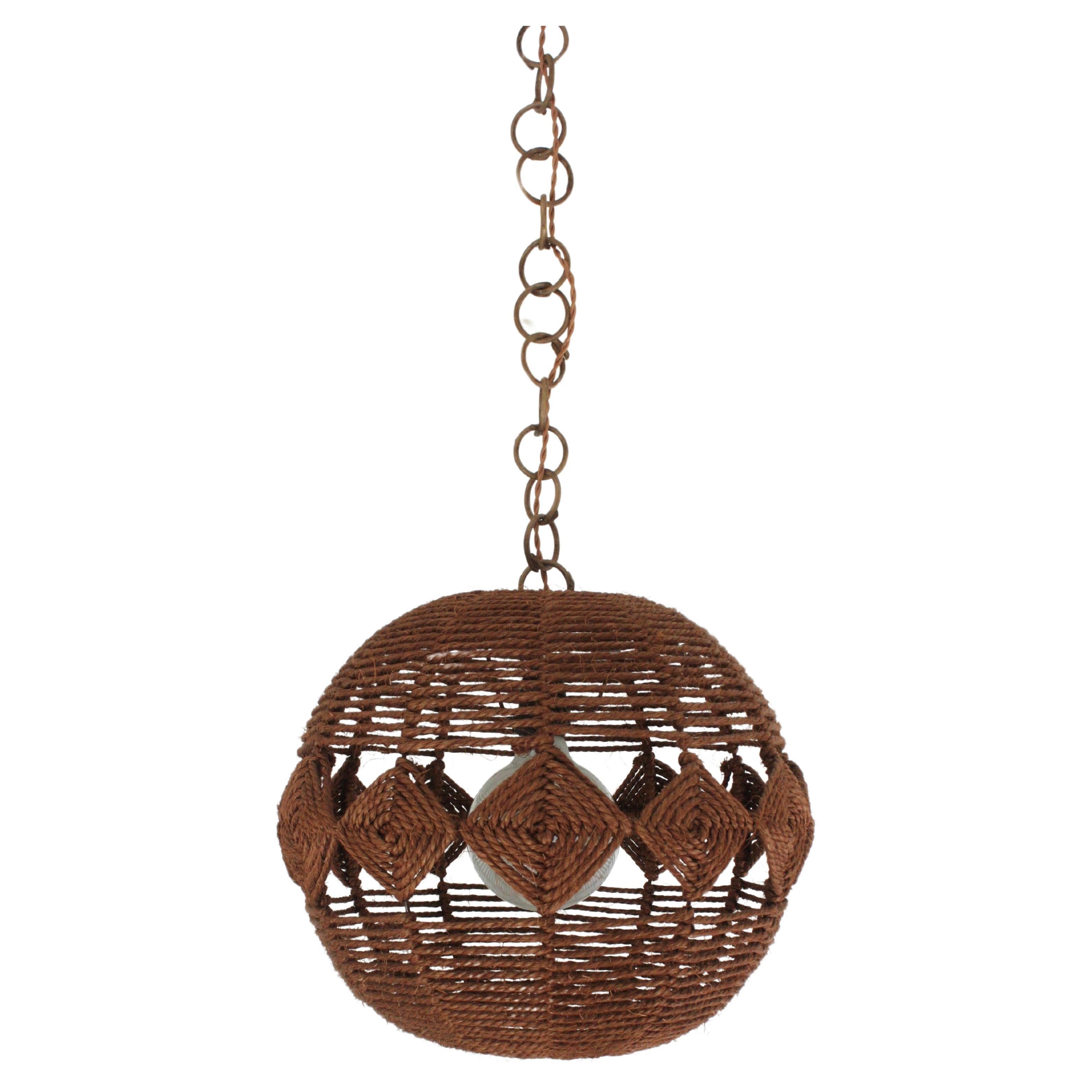 Spanish Large Rope Ball Pendant Light Ceiling Hanging Lamp, 1960s For Sale 5
