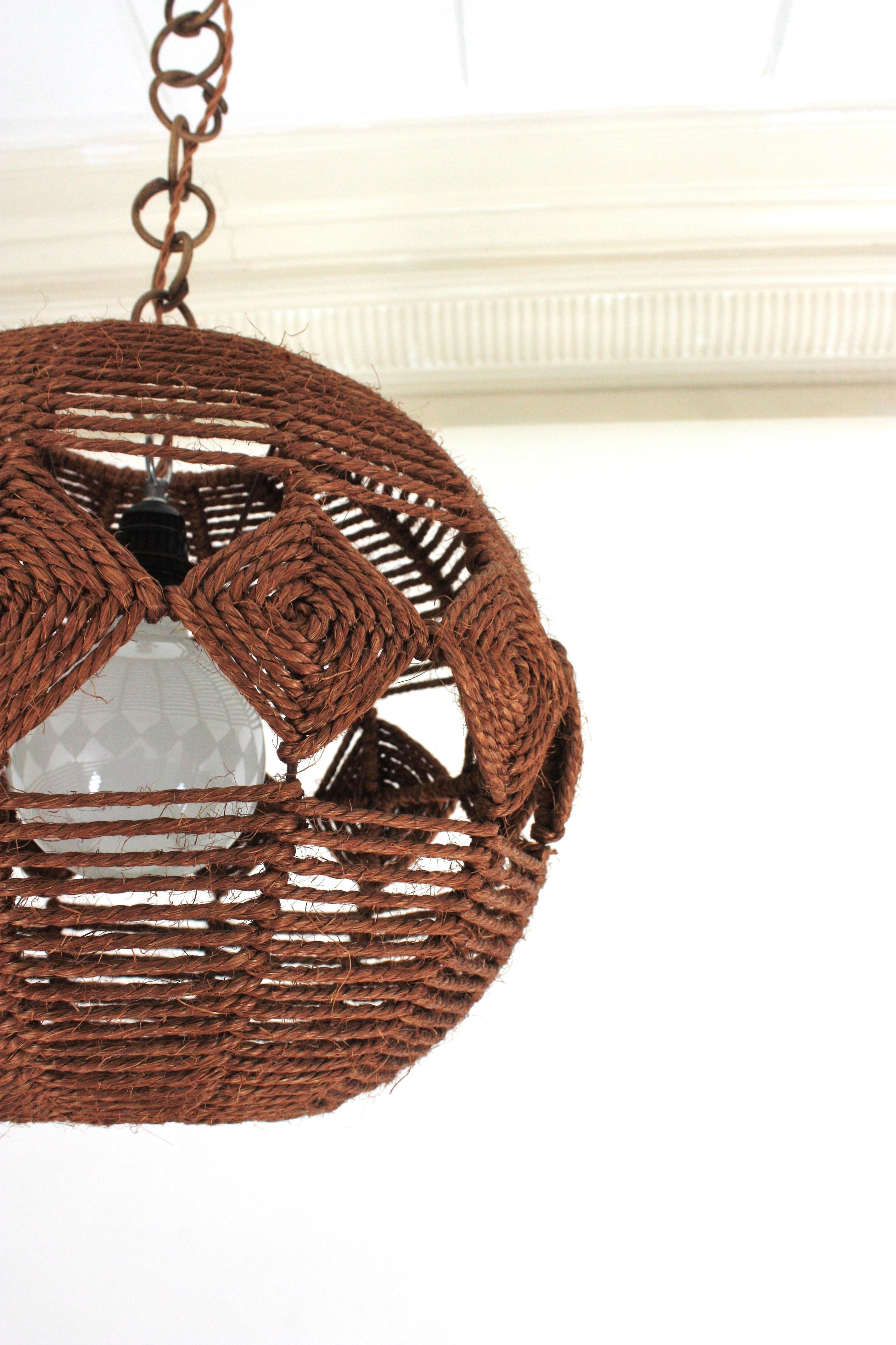 Spanish Large Rope Ball Pendant Light Ceiling Hanging Lamp, 1960s For Sale 7