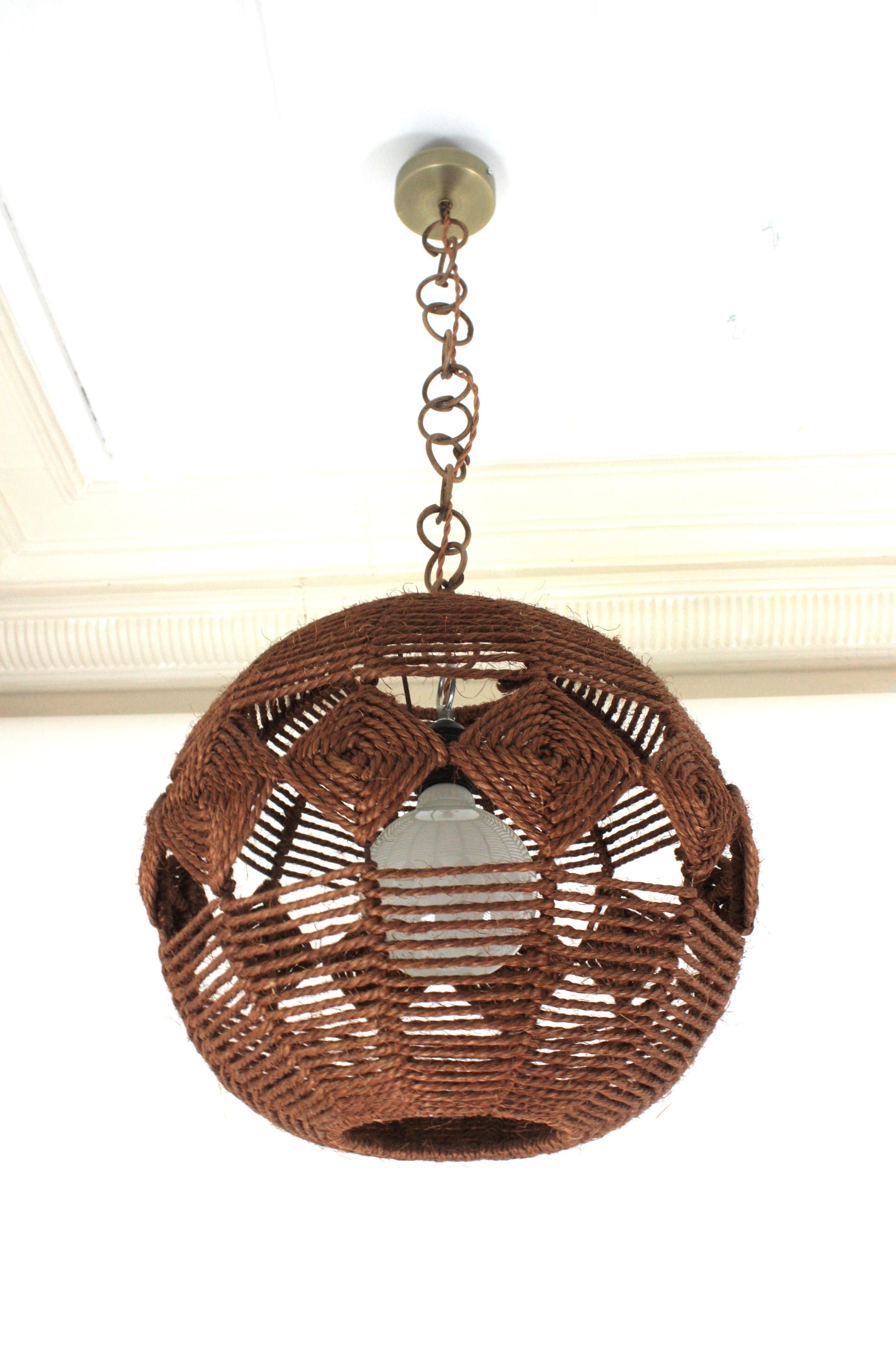 Spanish Large Rope Ball Pendant Light Ceiling Hanging Lamp, 1960s For Sale 11