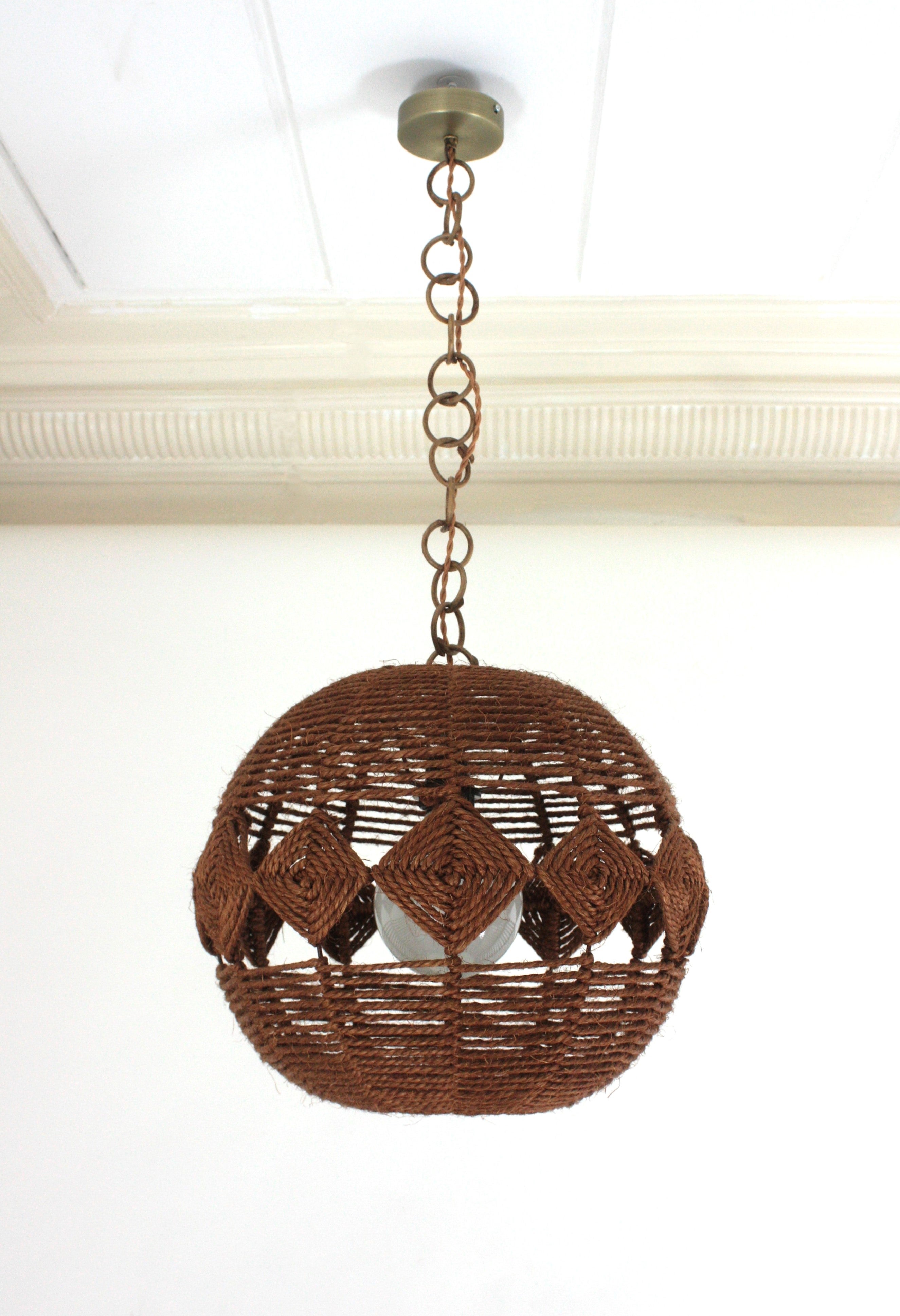 Mid-Century Modern Spanish Large Rope Ball Pendant Light Ceiling Hanging Lamp, 1960s For Sale