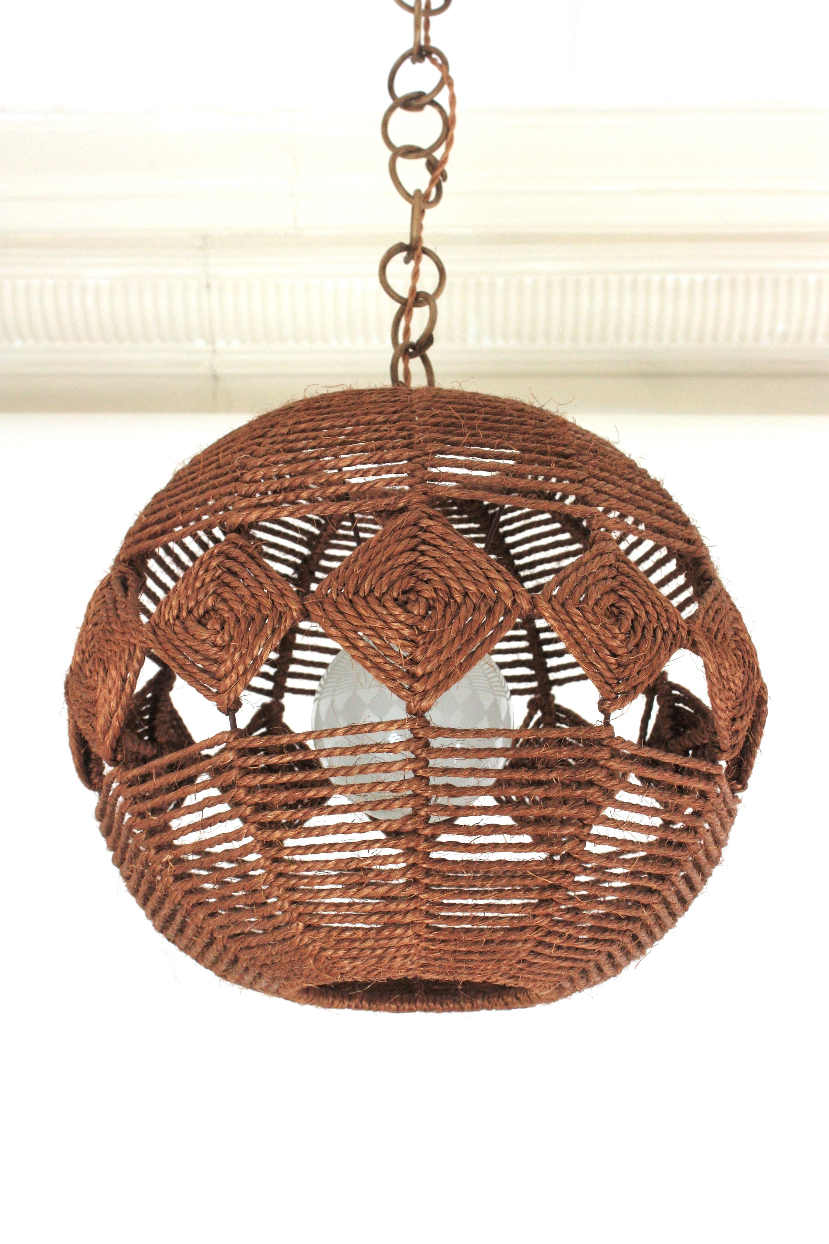 Hand-Crafted Spanish Large Rope Ball Pendant Light Ceiling Hanging Lamp, 1960s For Sale