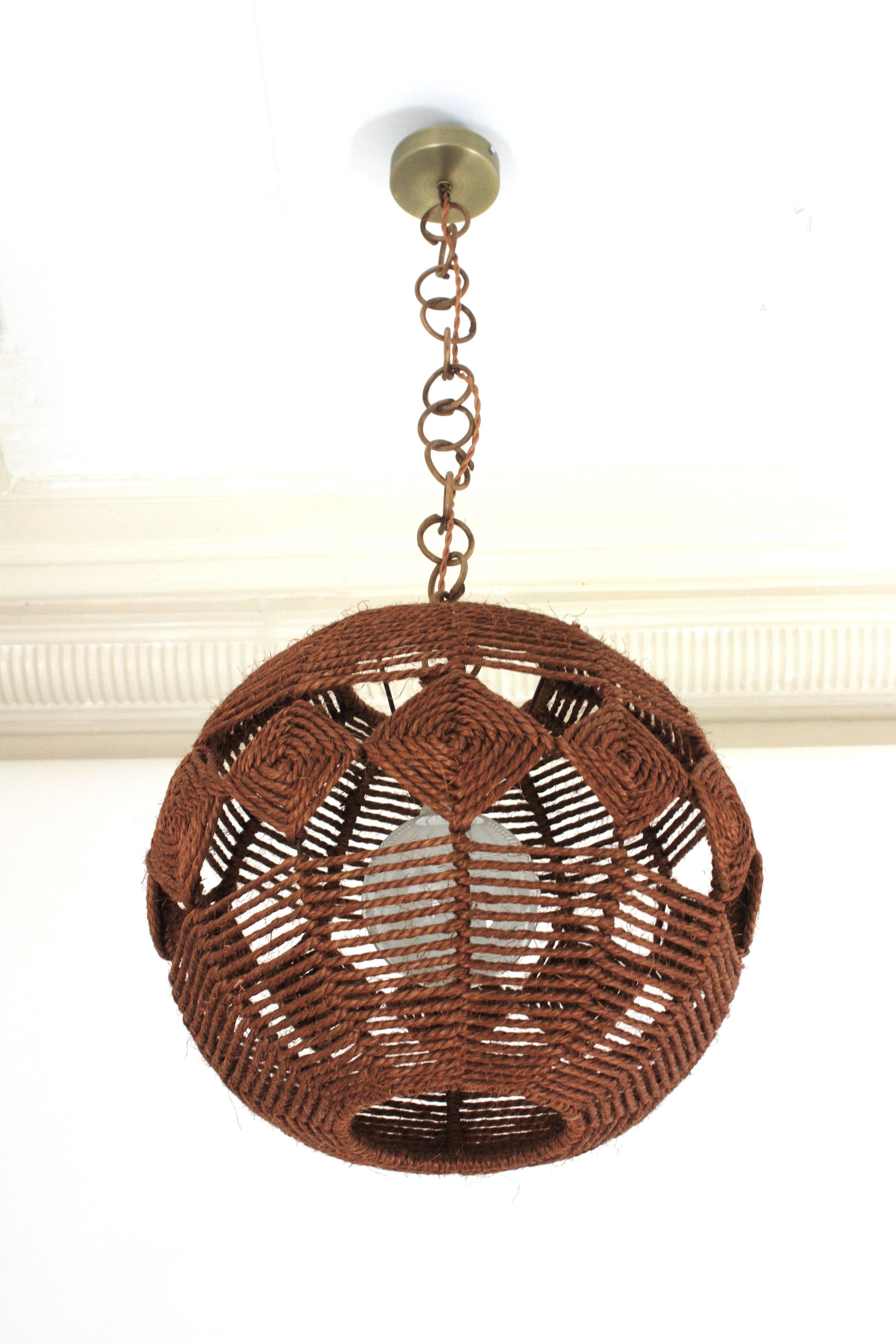 20th Century Spanish Large Rope Ball Pendant Light Ceiling Hanging Lamp, 1960s For Sale