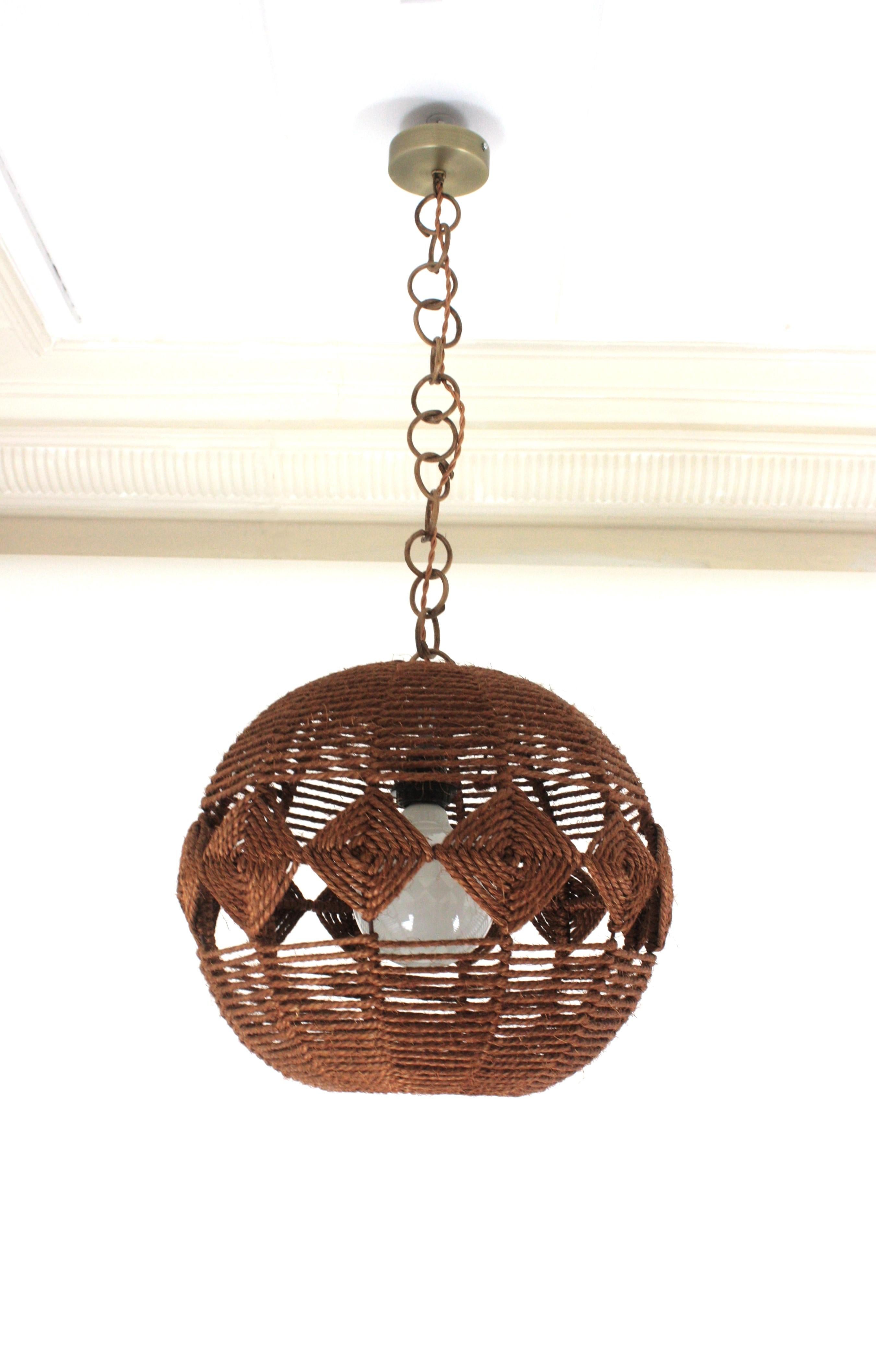 Spanish Large Rope Ball Pendant Light Ceiling Hanging Lamp, 1960s For Sale 2