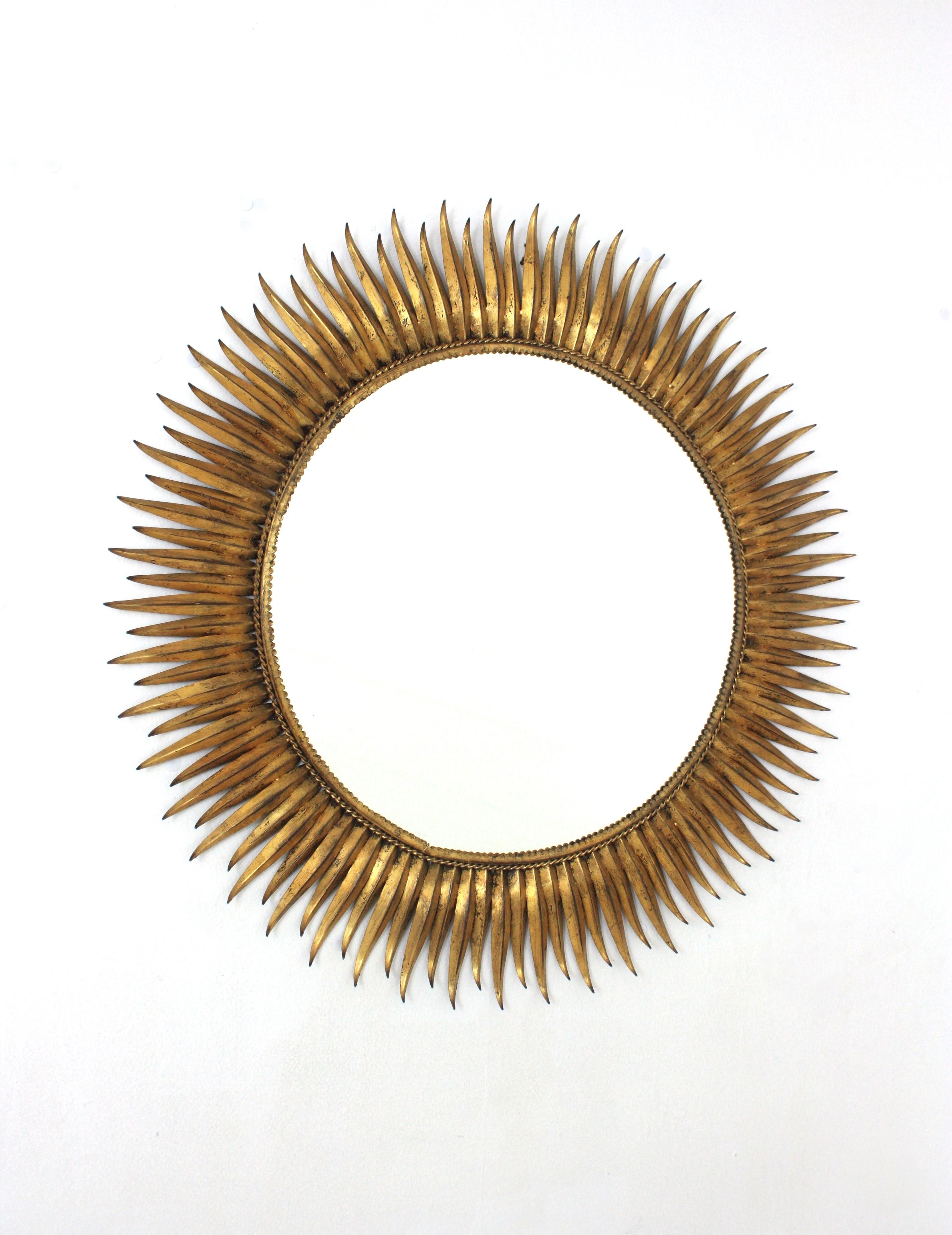 Gold Leaf Spanish Large Sunburst Eyelash Mirror in Gilt Wrought Iron For Sale