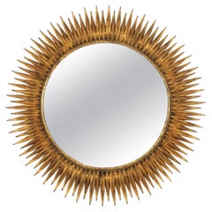 Spanish Large Sunburst Eyelash Mirror in Gilt Wrought Iron