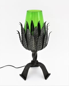 Foliage Table Lamp, Silver Patinated Iron and Green Glass, Spain 1950